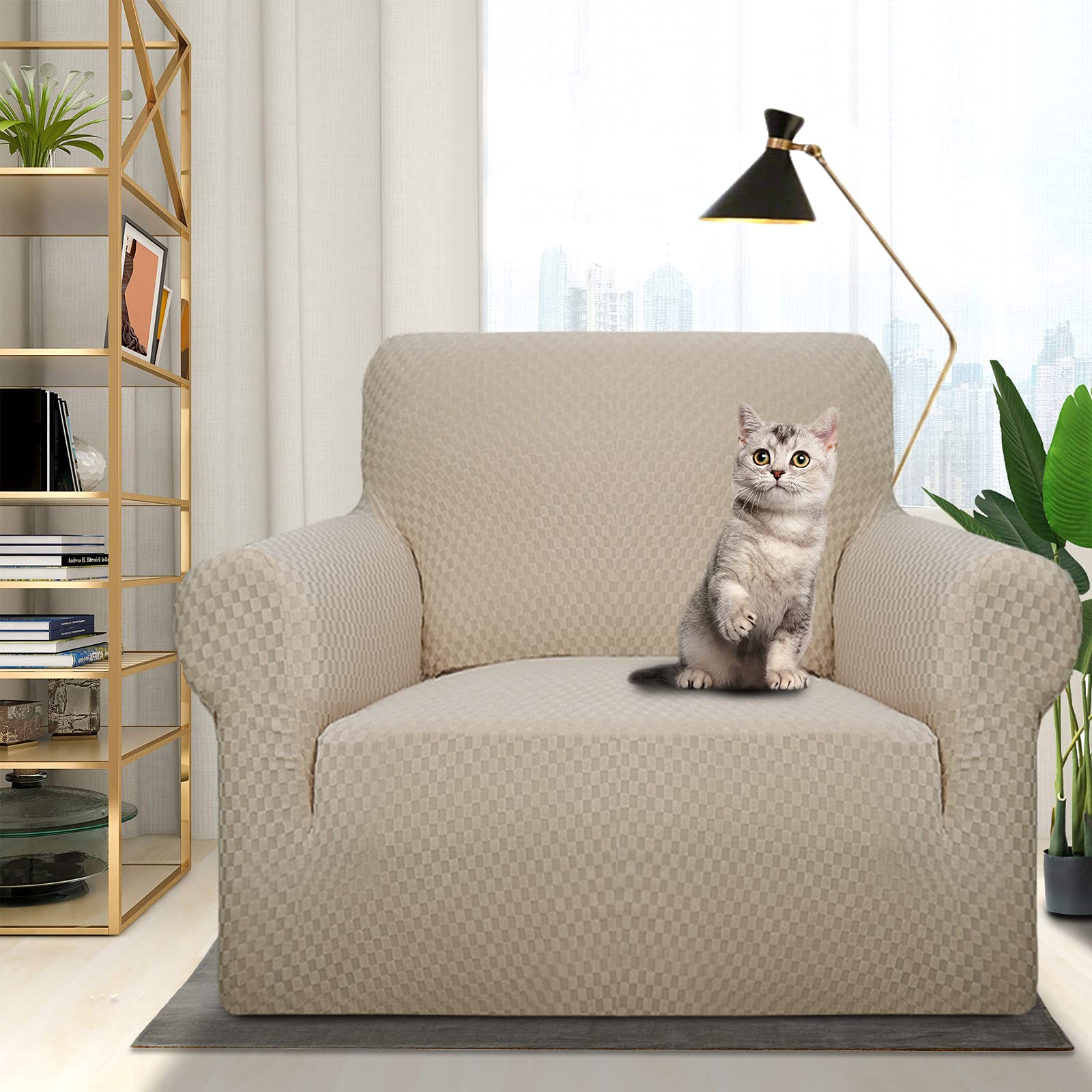 Znsayotx 1 Piece Jacquard Chair Slipcovers For Living Room High Stretch Chair Covers With Arms Anti Slip Pets Friendly Couch Sofa Armchair Cover Furniture Protector (Chair, Khaki)