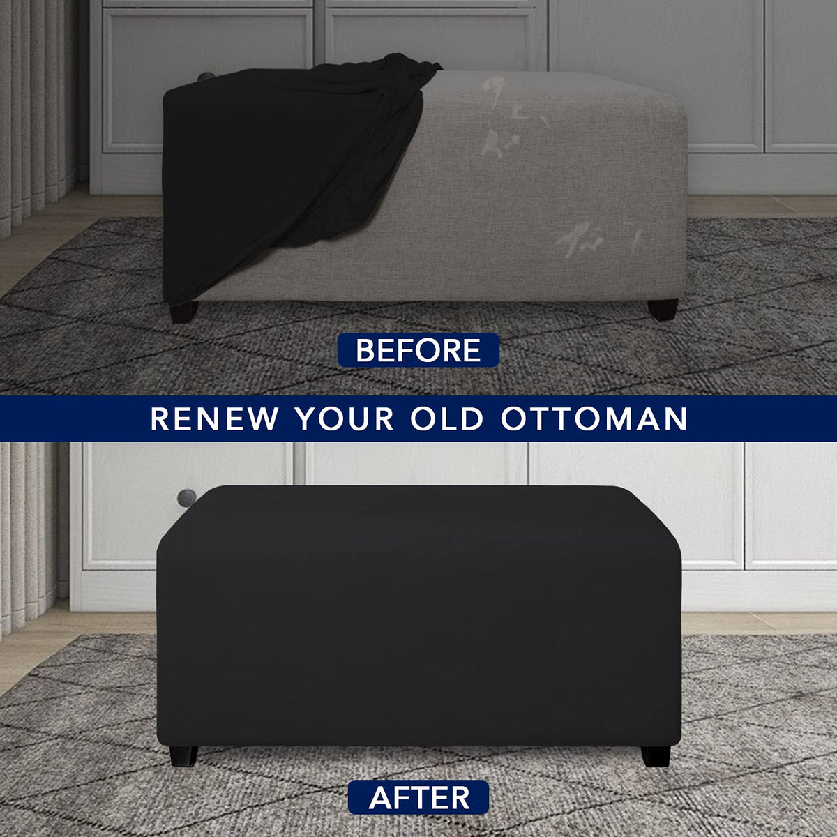Purefit Super Stretch Soft Form Fit Ottoman Cover Rectangle - Ottoman Slipcovers For Foot Stool & Folding Storage Furniture For Living Room With Nonslip Elastic Bottom (Small, Black