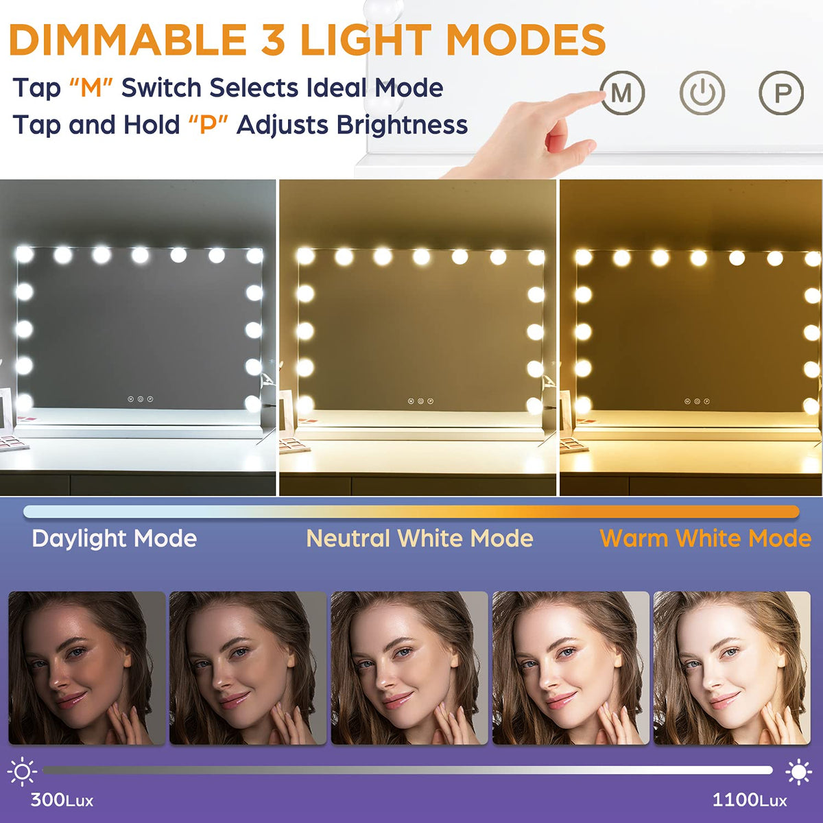 M Mivonda Hollywood Vanity Mirror With Dimmable 15Led Bulbs Lights 3 Lighting Modes 2In1 Large Lighted Makeup Mirror For Desk An