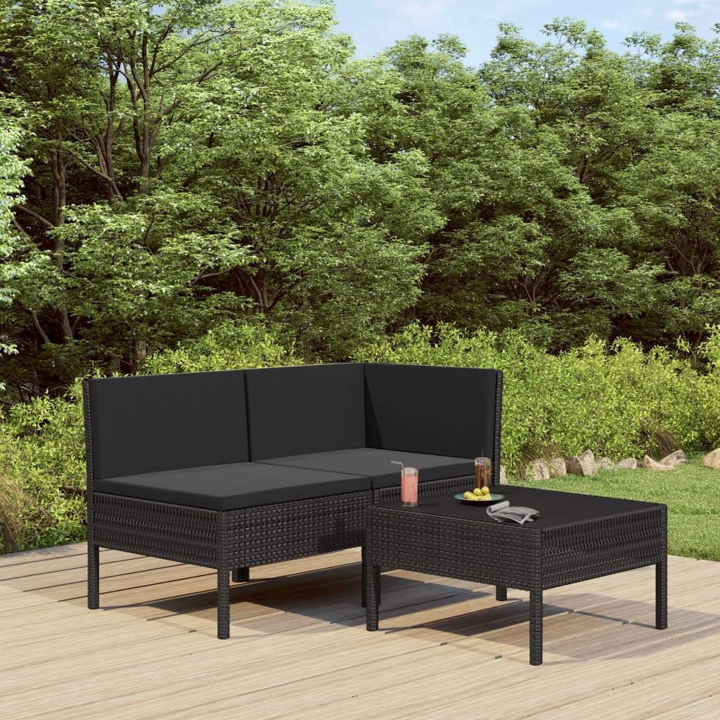 vidaXL Black 3 Piece Patio Lounge Set - Poly Rattan Outdoor Furniture with Cushions, Weather-Resistant, Powder-Coated Steel Frame, Modular Design, Sofa and Tea Table.
