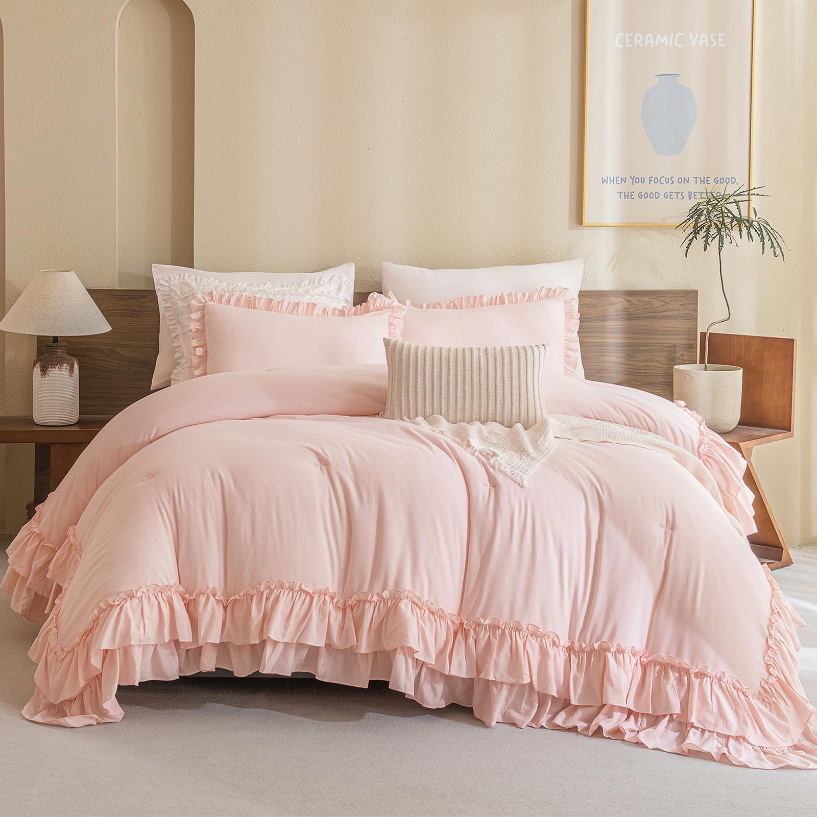 Masaca Blush Pink Comforter Set Queen,Farmhouse Shabby Boho Chic Comforter,Vintage Rustic Soft Microfiber Down Alternative Beddi