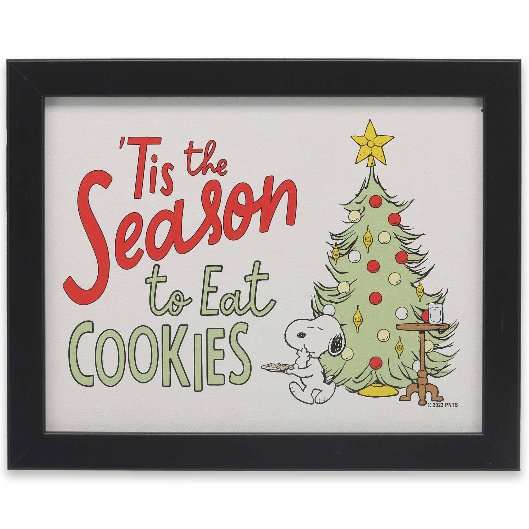 Peanuts Snoopy Tis the Season to Eat Cookies Framed Wood Wall Decor - Cute Snoopy Christmas Picture for Holiday Decor