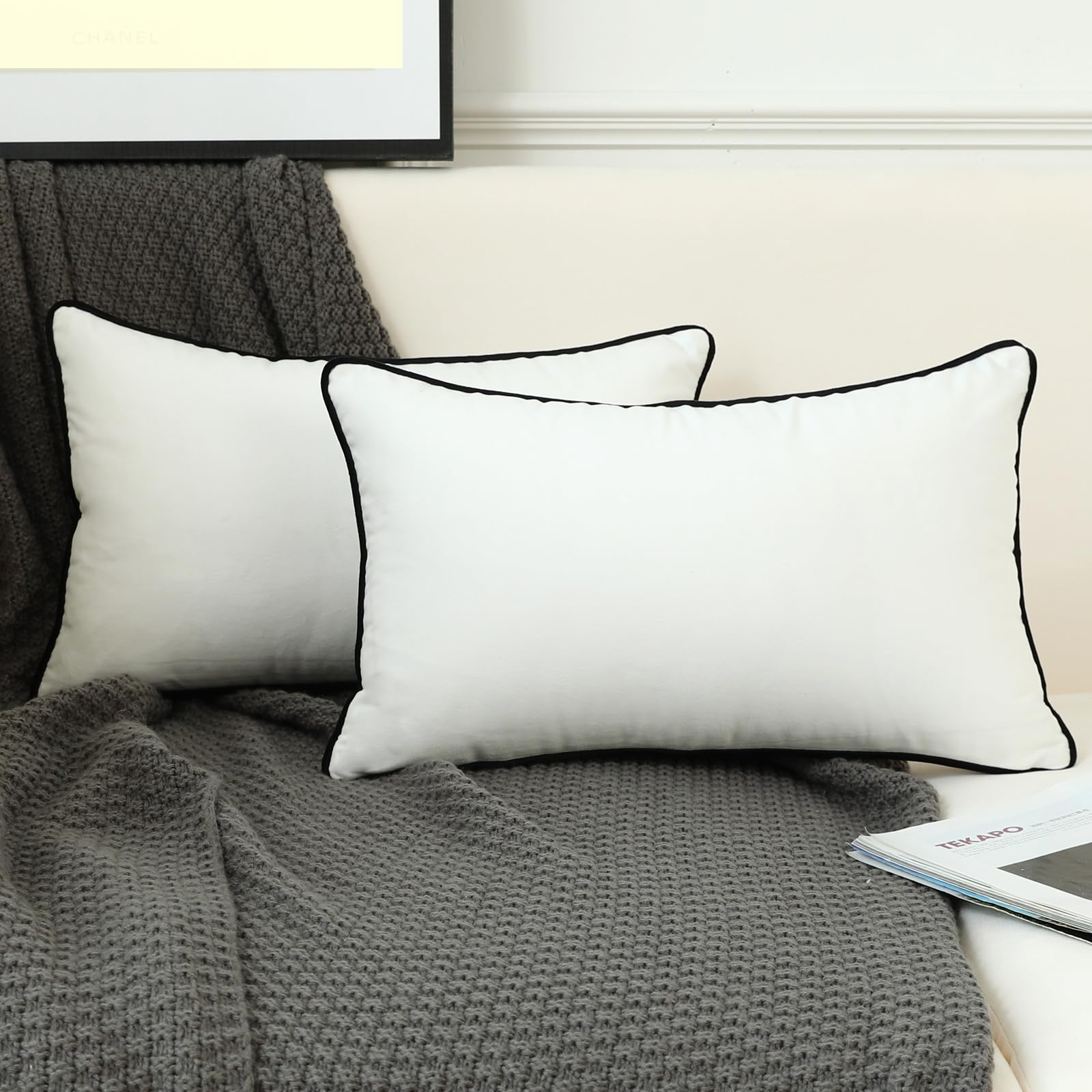 Ligicky Set Of 2 White Velvet Lumbar Pillow Covers Modern Minimalist Style Solid Decorative Black Rope Edging Soft Rectangle Cus