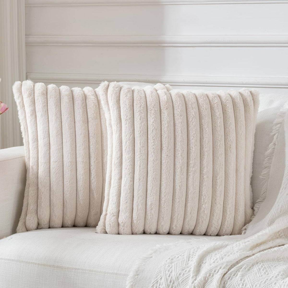 BBiggood Beige Throw Pillow Covers 18x18 Set of 2, Soft Cozy Velvet Striped Decorative Cushion Covers Faux Rabbit Fur Pillow Cov