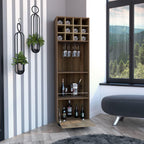 Norway Corner Bar Cabinet, 8 Built-In Wine Rack, 2 Side Shelves, Mahagony/Macadamia