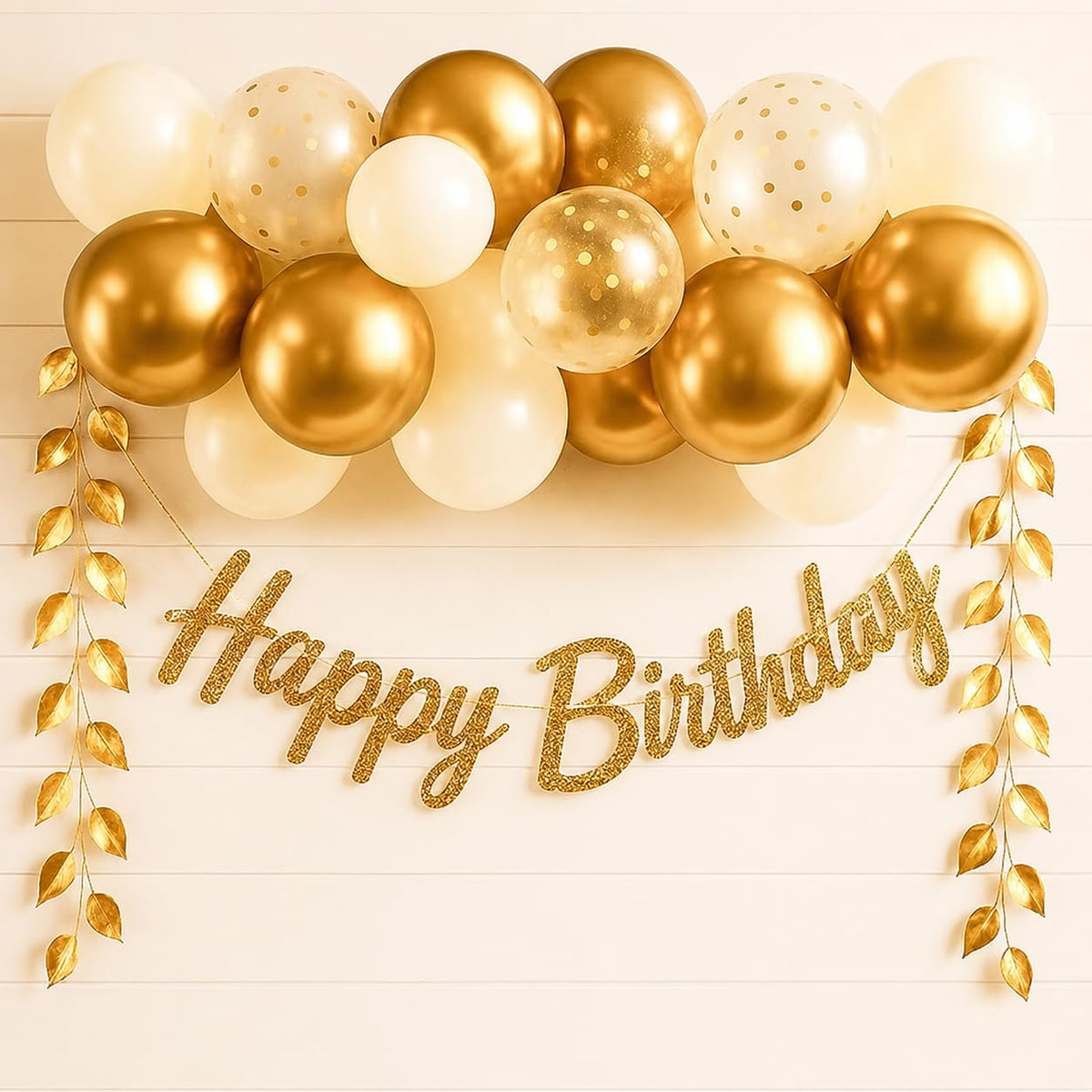 Gold & White Birthday Decoration Kit with Banner and Balloons