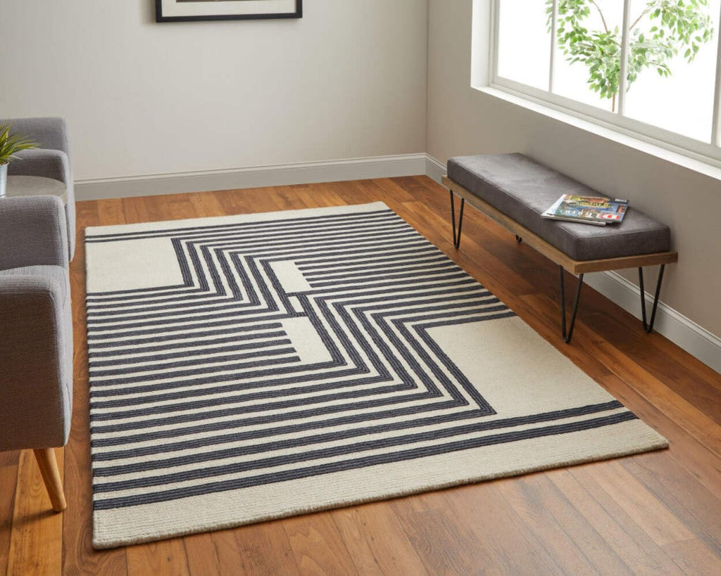 HomeRoots 514382 9 x 12 ft. Gray Ivory & Black Wool Abstract Hand Tufted Handmade Rectangle Area Rug