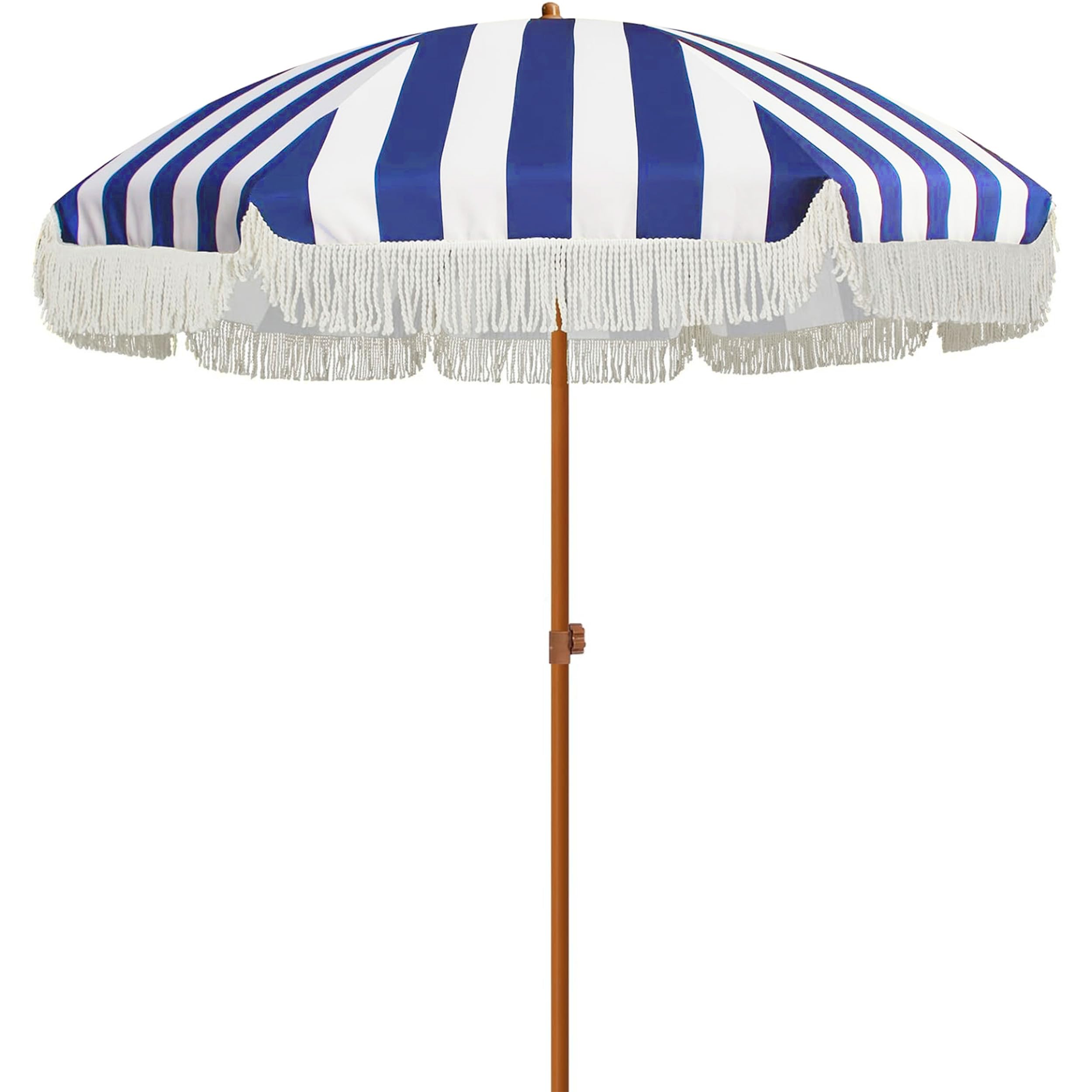 AMMSUN 7ft Patio Umbrella with Fringe Outdoor Tassel Umbrella UPF50+ Wood Color Steel Pole and Steel Ribs Push Button Tilt, Navy