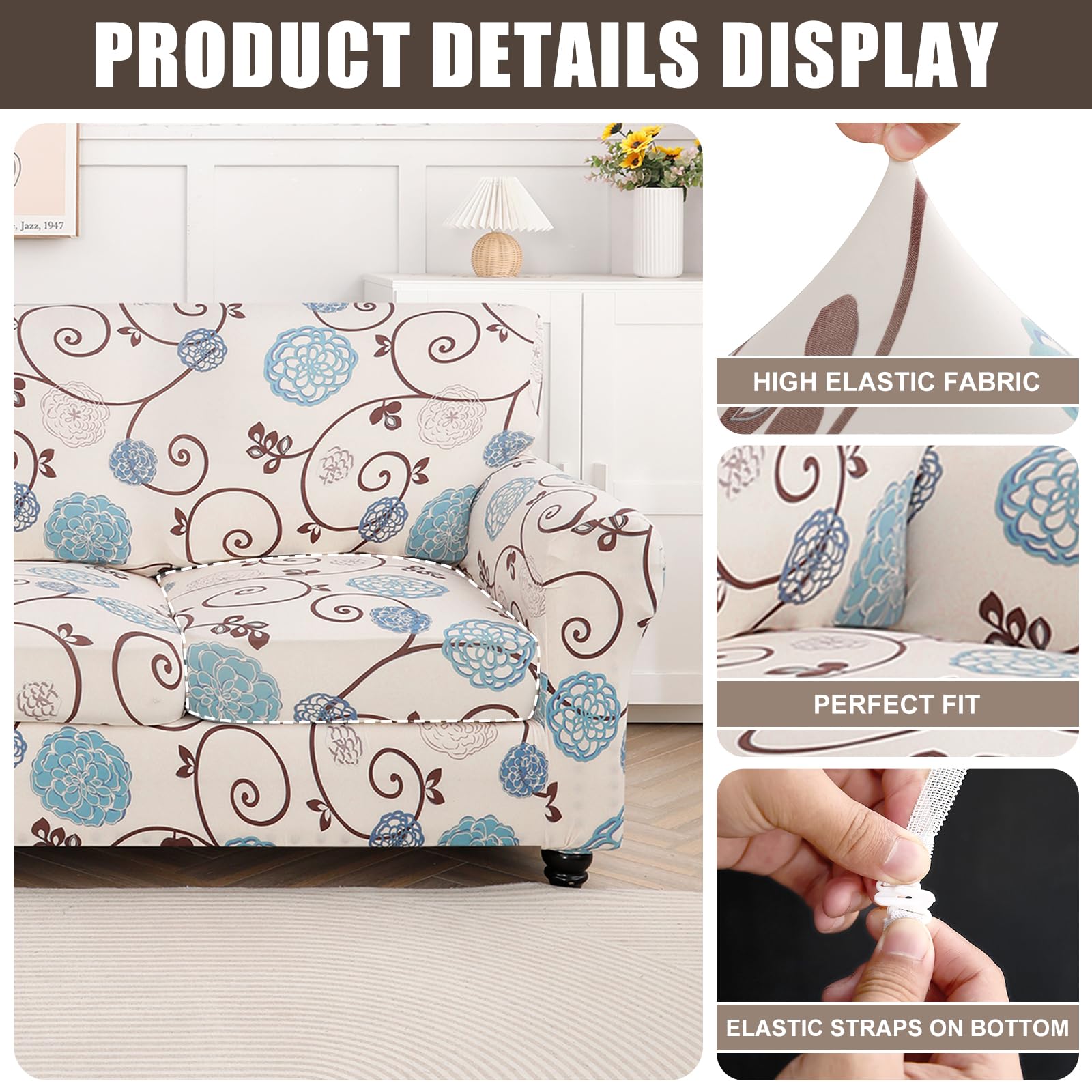 Searchi Stretch Sofa Cover Printed Couch Cover, Floral Pattern 3 Pieces Loveseat Slipcover With 2 Separate Cushion Cover, Washable Furniture Protector For Living Room(Loveseat, Ball Flower)