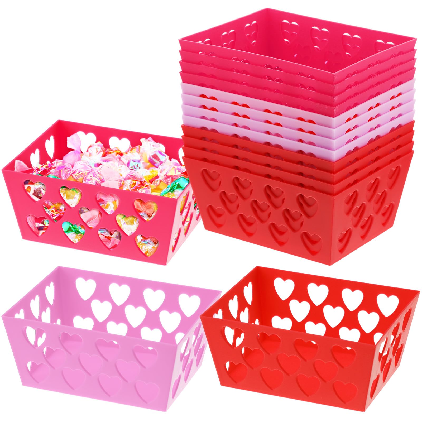 Menkxi 12 Pcs Valentine's Day Pink and Red Baskets, 5.5 x 4 x 2.5 Small Heart Hollowed Plastic Baskets Bulk Empty Love Gift Cont