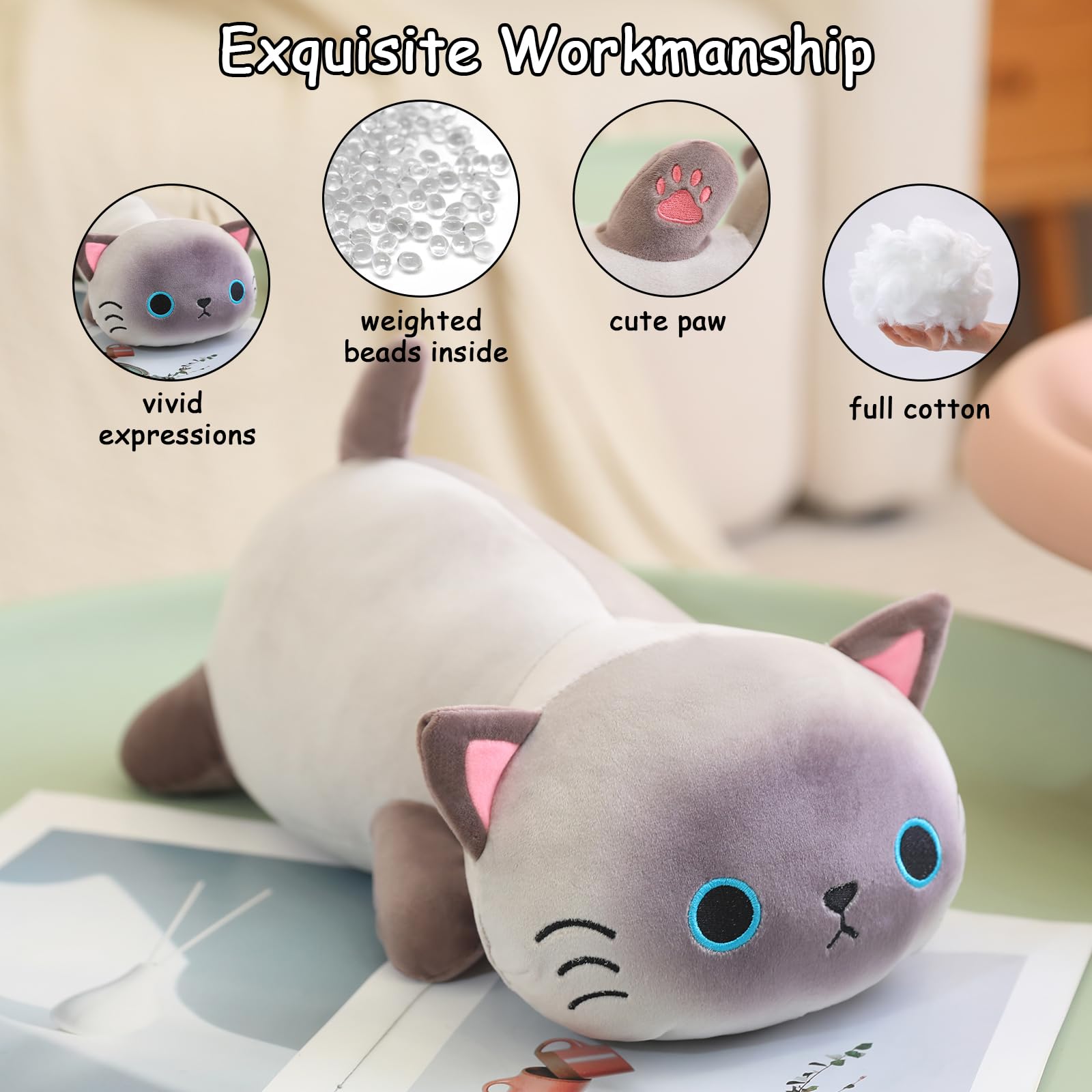 Sqeqe Weighted Siamese Cat Plush, Weighted Siamese Cat Stuffed Animal For Anxiety, Cute Siamese Cat Plushies Soft Siamese Cat Pi