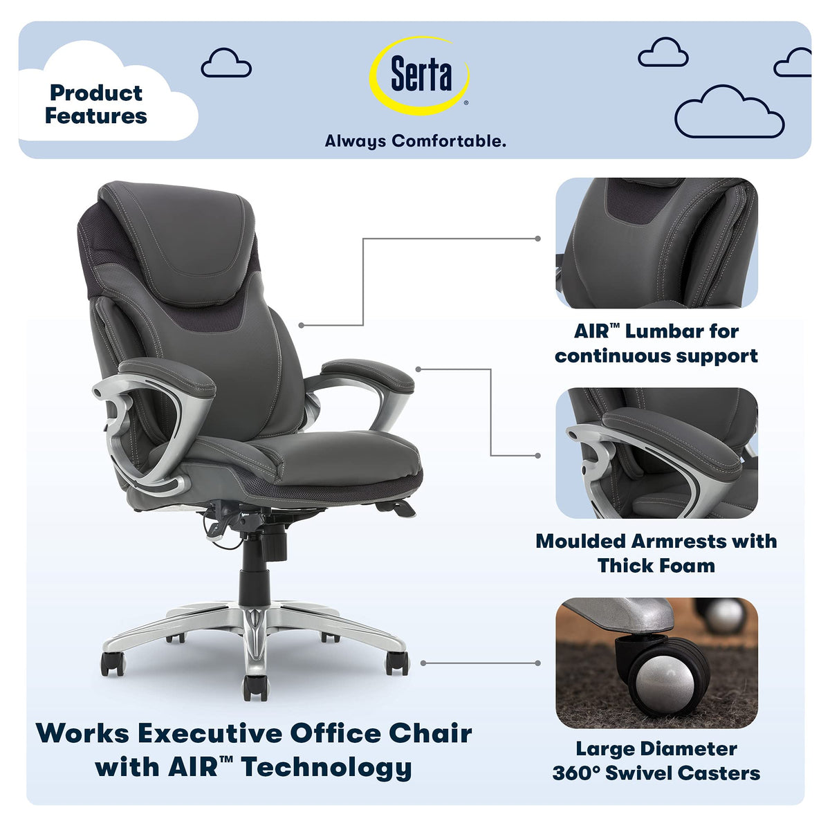 Serta Bryce Executive Office Chair, Ergonomic Computer Deskchair With Patented Air Lumbar Technology, Comfortable Layered Body Pillows For Cushioning, Sertaquality Foam, Bonded Leather, Gray