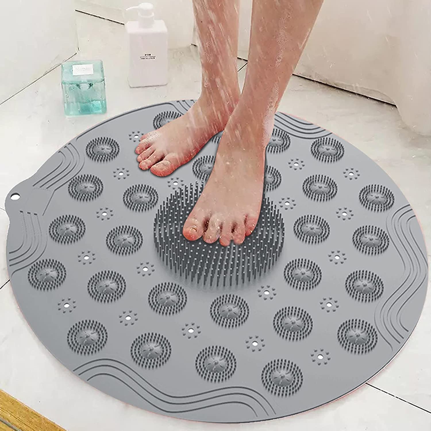 HEYOL Non Slip Shower Mat with Friction and Suction Cup Anti Slip Bath Mats with Drain Hole in Middle for Shower Stall, Bathroom