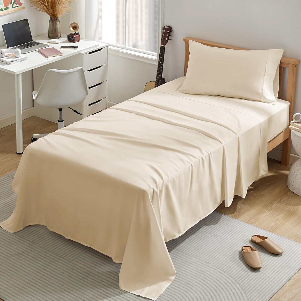 Sleep Zone Nanotex Super Soft Cooling Twin Bed Sheets Set For Kids 3 Piece - Easy Care Fitted Flat Sheet & Pillowcase Sets - Wrinkle Free, Fade Resistant, Deep Pocket 16' (Beige, Twin)