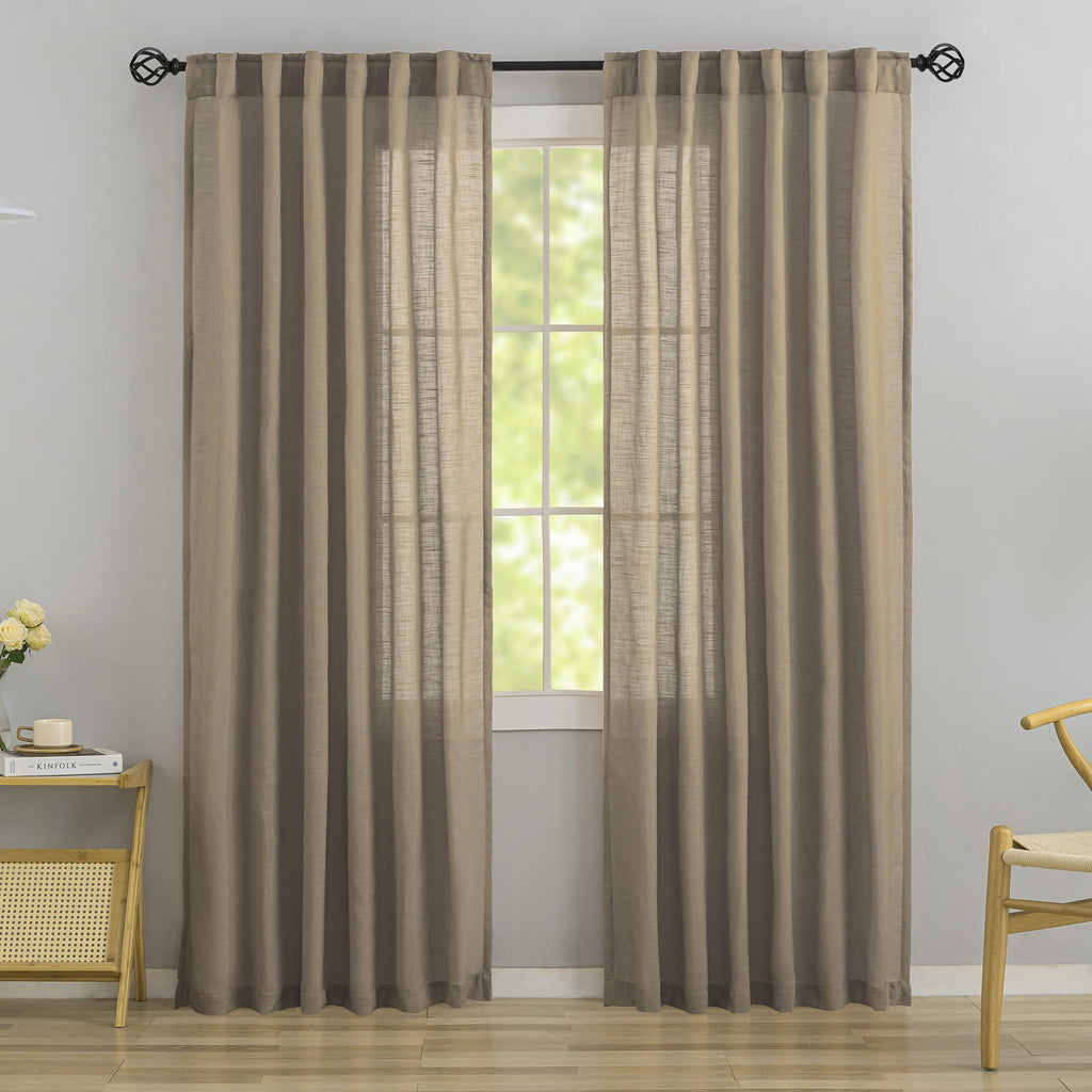 Donren Retro Linen Blend Back Tab Curtains 90 Inches Long,2 Panels Set For Living Room Hook Belt Loops Pocket Sack Draperies Light Filtering Semi Transparent Window Curtains For Bedroom,Taupe,52'Wide