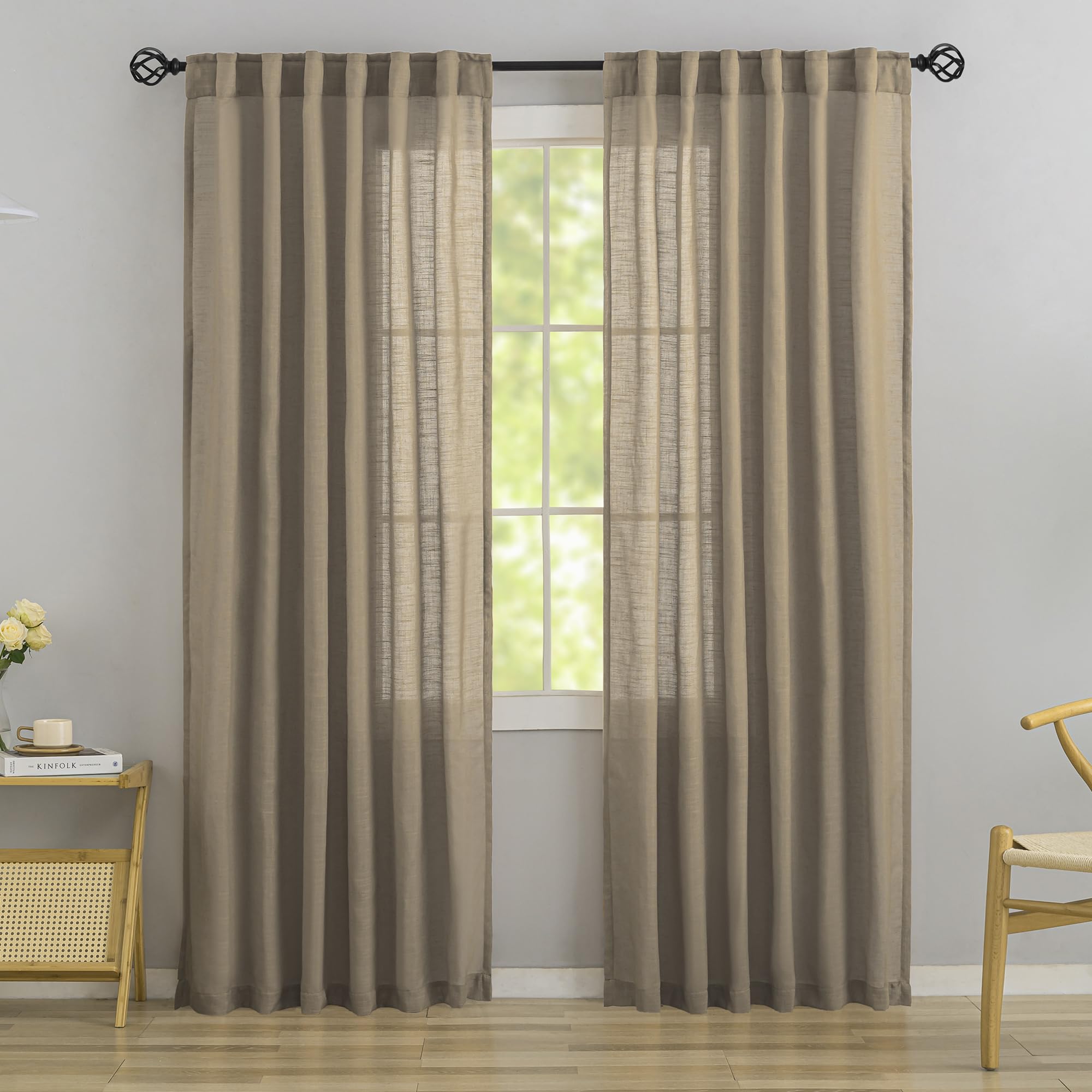 Donren Retro Linen Blend Back Tab Curtains 90 Inches Long,2 Panels Set For Living Room Hook Belt Loops Pocket Sack Draperies Light Filtering Semi Transparent Window Curtains For Bedroom,Taupe,52'Wide
