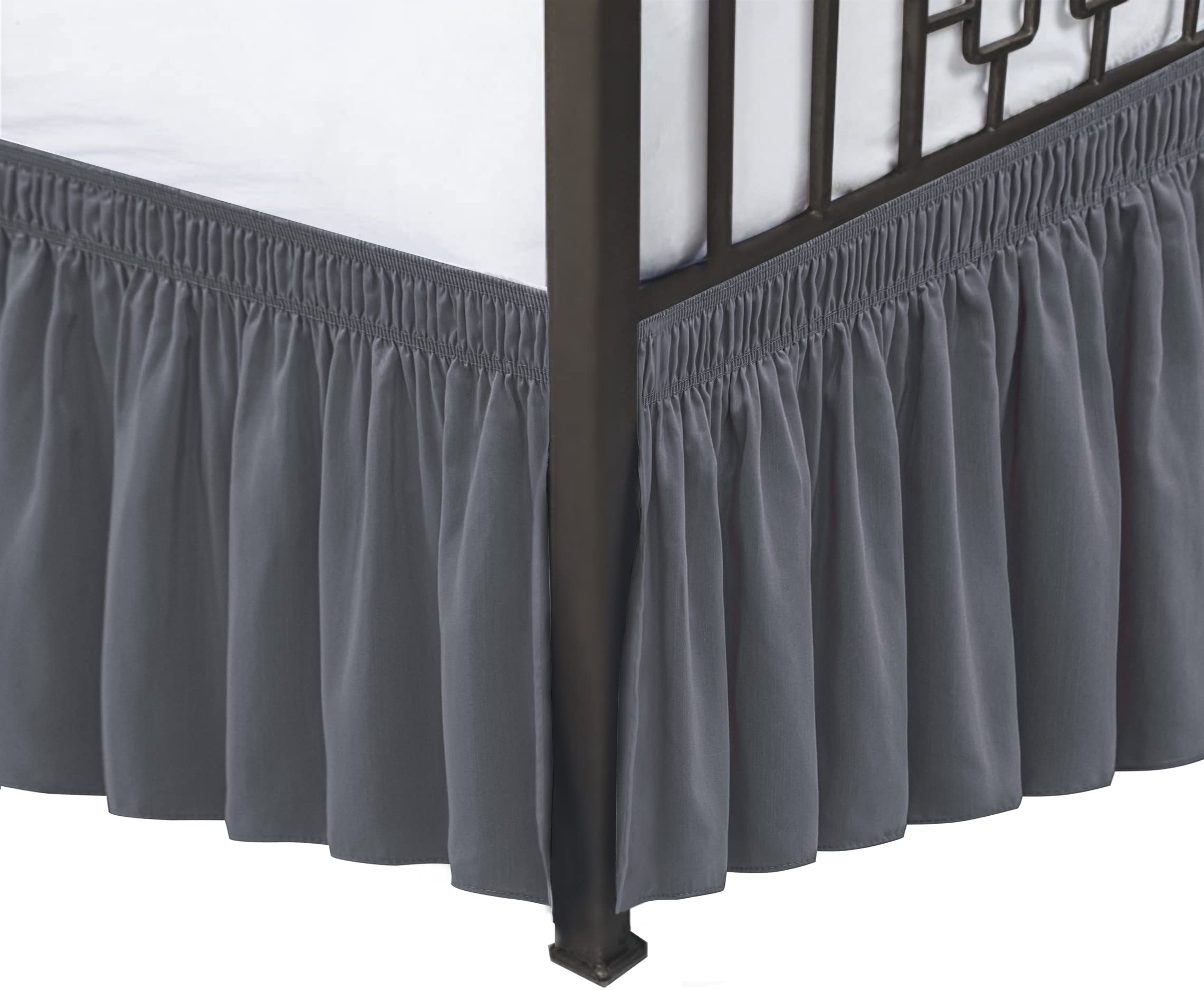 Biscaynebay Wrap Around Bed Skirts With Split Corners For King Beds 16' Drop, Dark Grey Elastic Dust Ruffles Easy Fit Wrinkle &