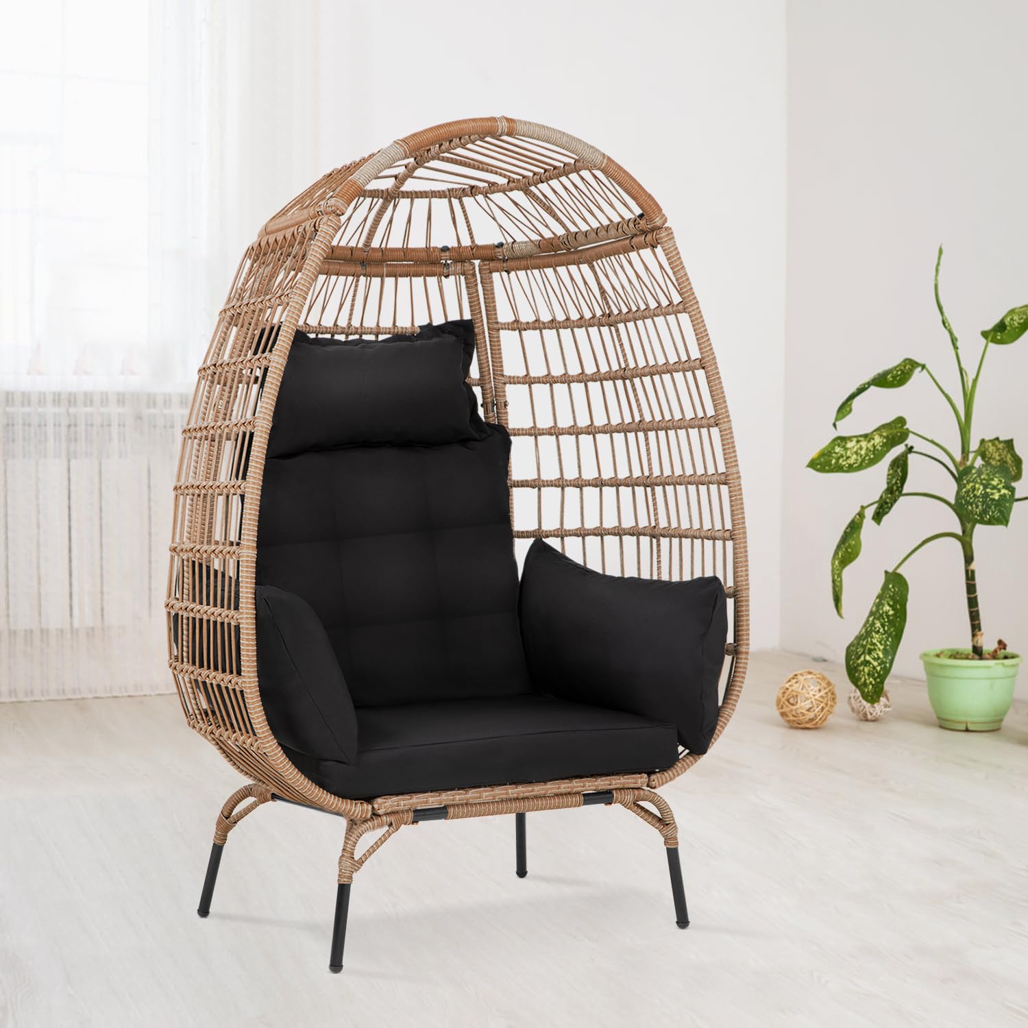 Paylesshere Egg Chair Egg Basket Rattan Chair Steel Frame Oversized Indoor Outdoor Lounger Simple Installation With 4 Comfort Cushion And Stand,352Lb Capacity For Patio Garden Living Room,Black