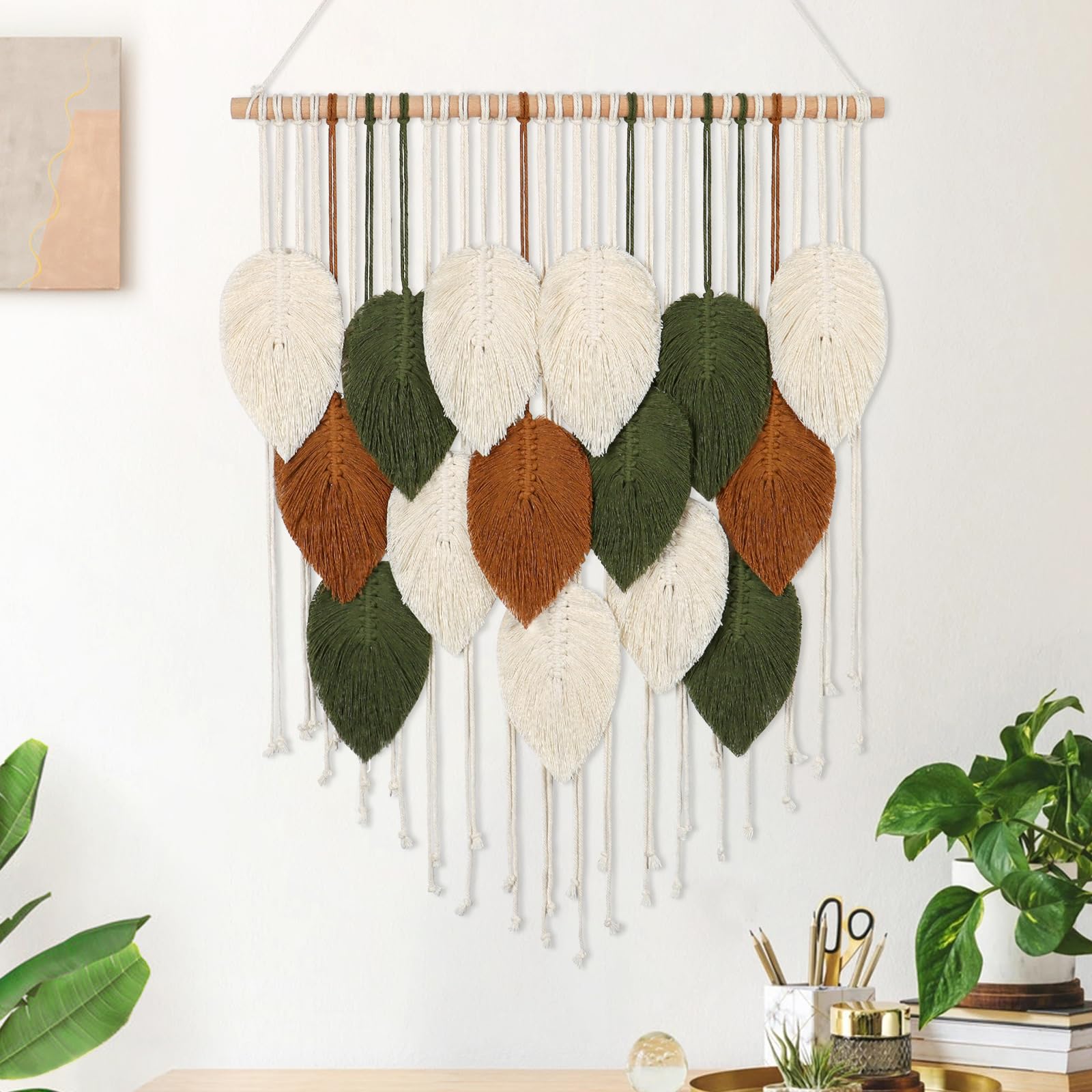 Khoyime Macrame Wall Hanging Boho Woven Tapestry, Chic Home Decor Modern Bohemian Handmade Leaf Feather Wall Art Decorations For