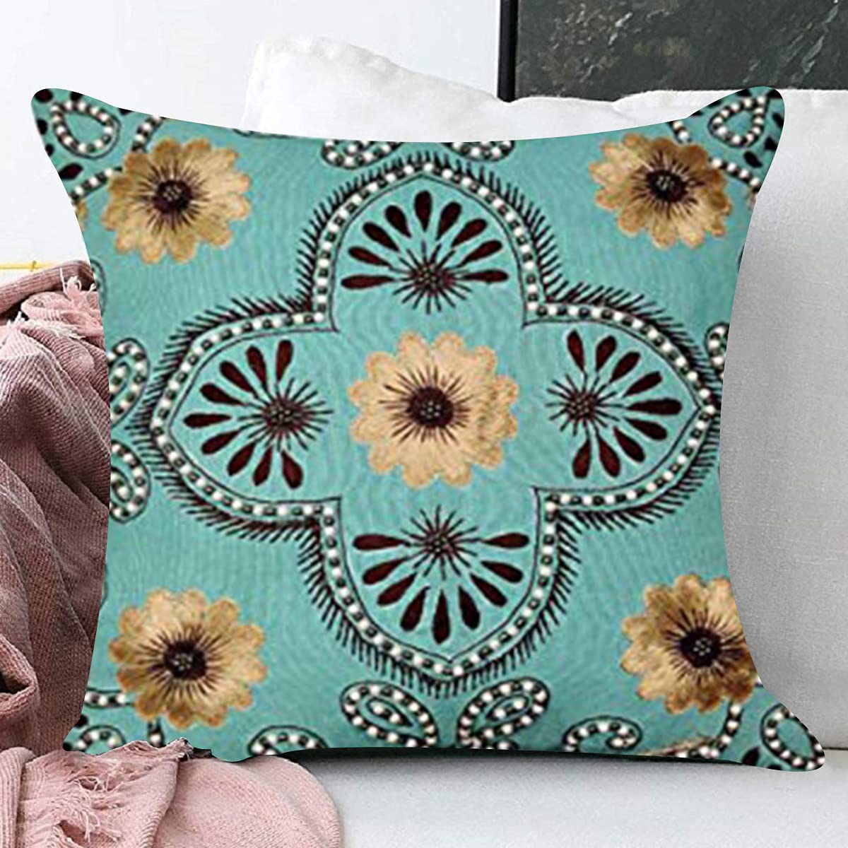Sajavat Home Shm_S_757 Cotton Floral Embroidery & Bead Stitching Cushion Cover (Pack Of 1) 18X18 Inches / 45X45 Cm Mint Blue