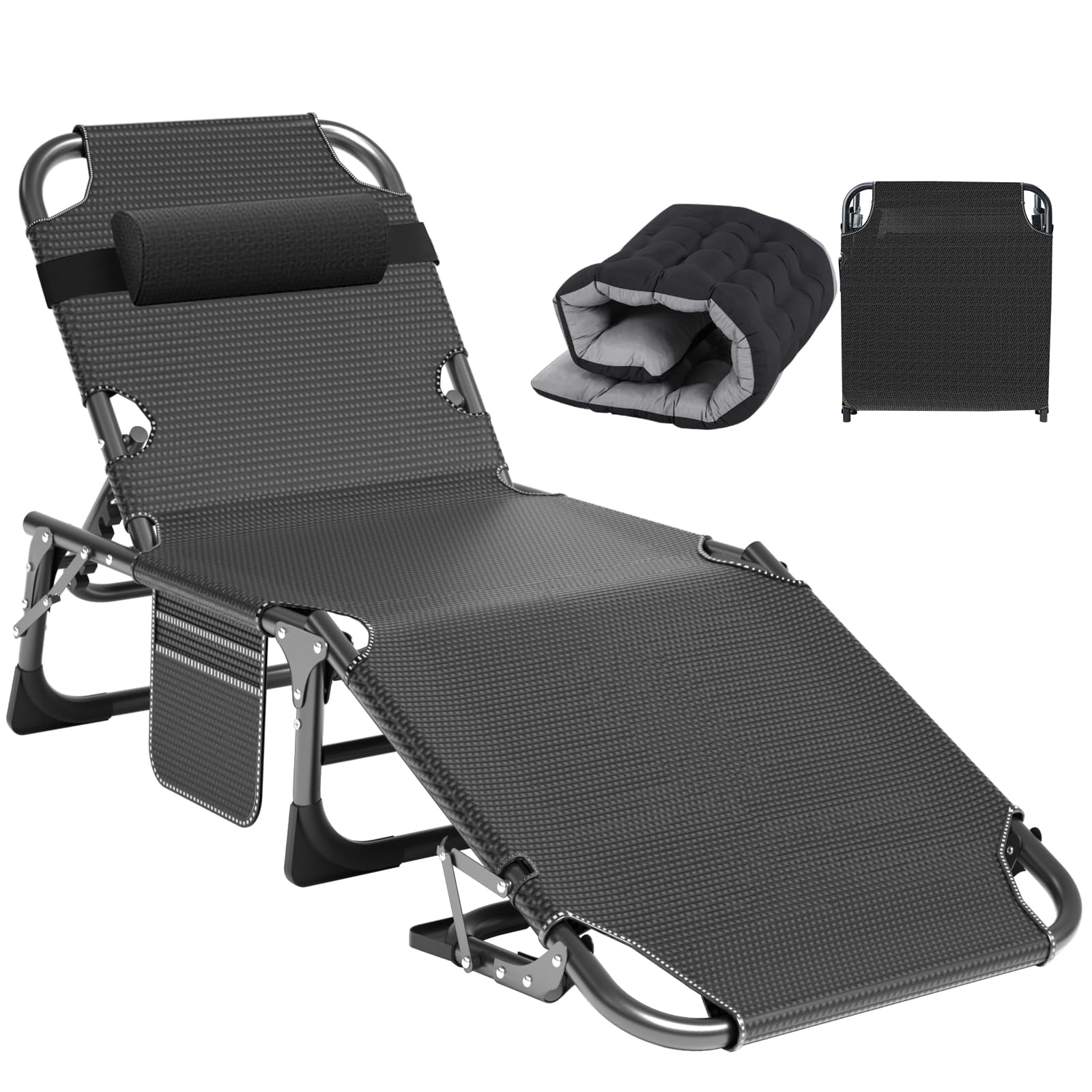 ABORON Heavy Duty Tanning Chair, 5-Gear Outdoor Folding Chaise Lounge Chair with Cushion,Portable Beach Lounge Chair for Outdoor