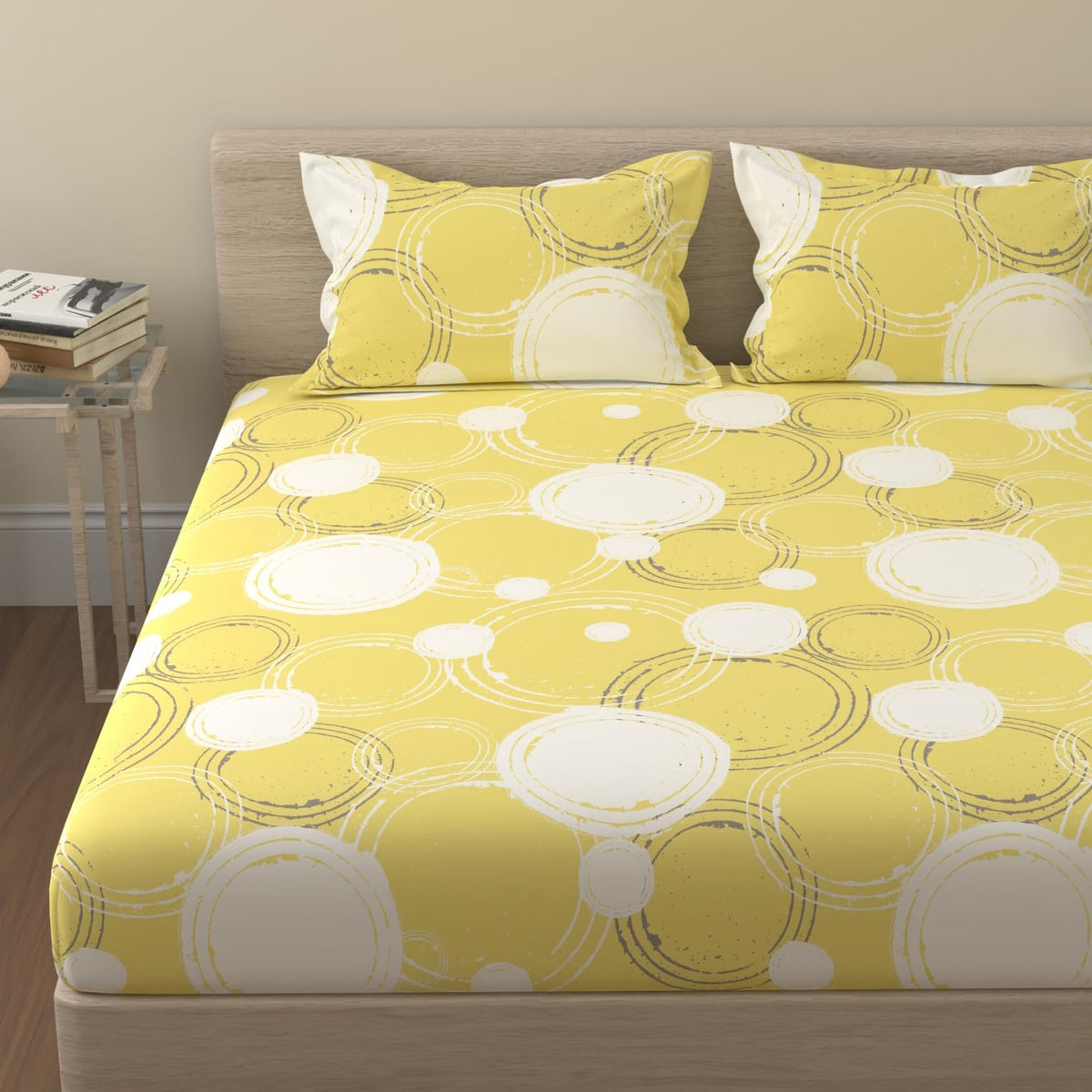 Huesland by Ahmedabad Cotton 144 TC Cotton Bed Sheet Queen Size with 2 Pillow Covers | Yellow | Sphere
