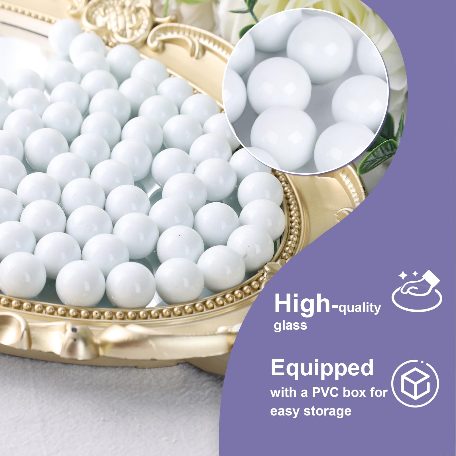 Domestar 1Lb Glass Marbles Bulk, Round Glass Marbles 0.63 Inch Vase Fillers White Glass Beads For Marble Runs Home Decor