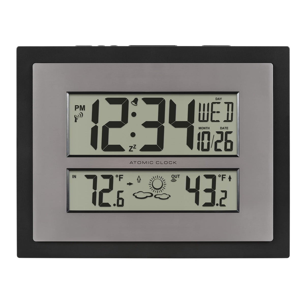 La Crosse Technology 512-85937-INT Atomic Digital Wall Clock with Temperature & Forecast in Gray/Silver