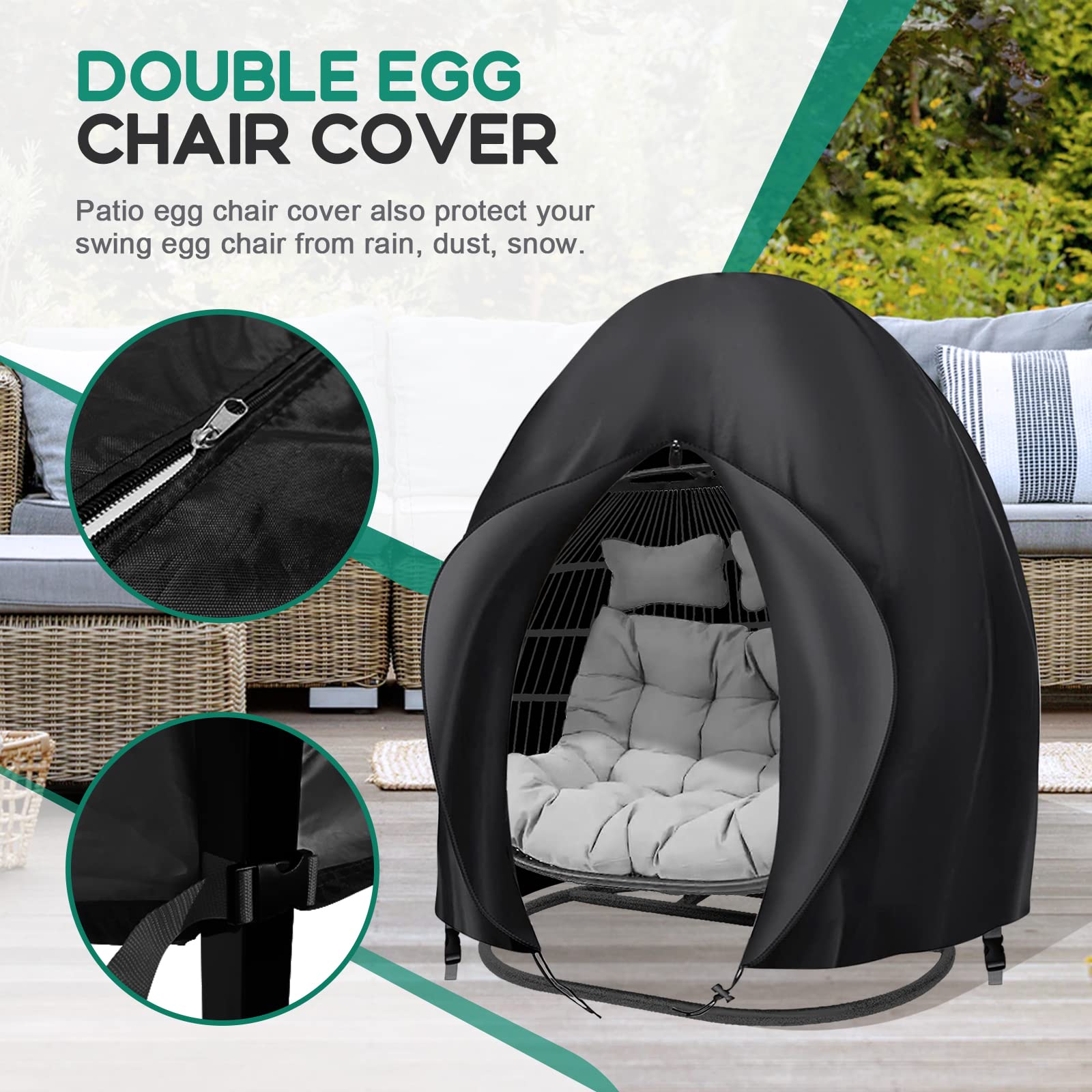 Boyspringg Patio Egg Chair Cover, 91X80 Inches, Extra Large Double Egg Chair Cover For Outdoor Furniture, Heavy Duty Swing Hanging Egg Chair Cover Waterproof, Anti-Uv, Dust-Proof(Black)