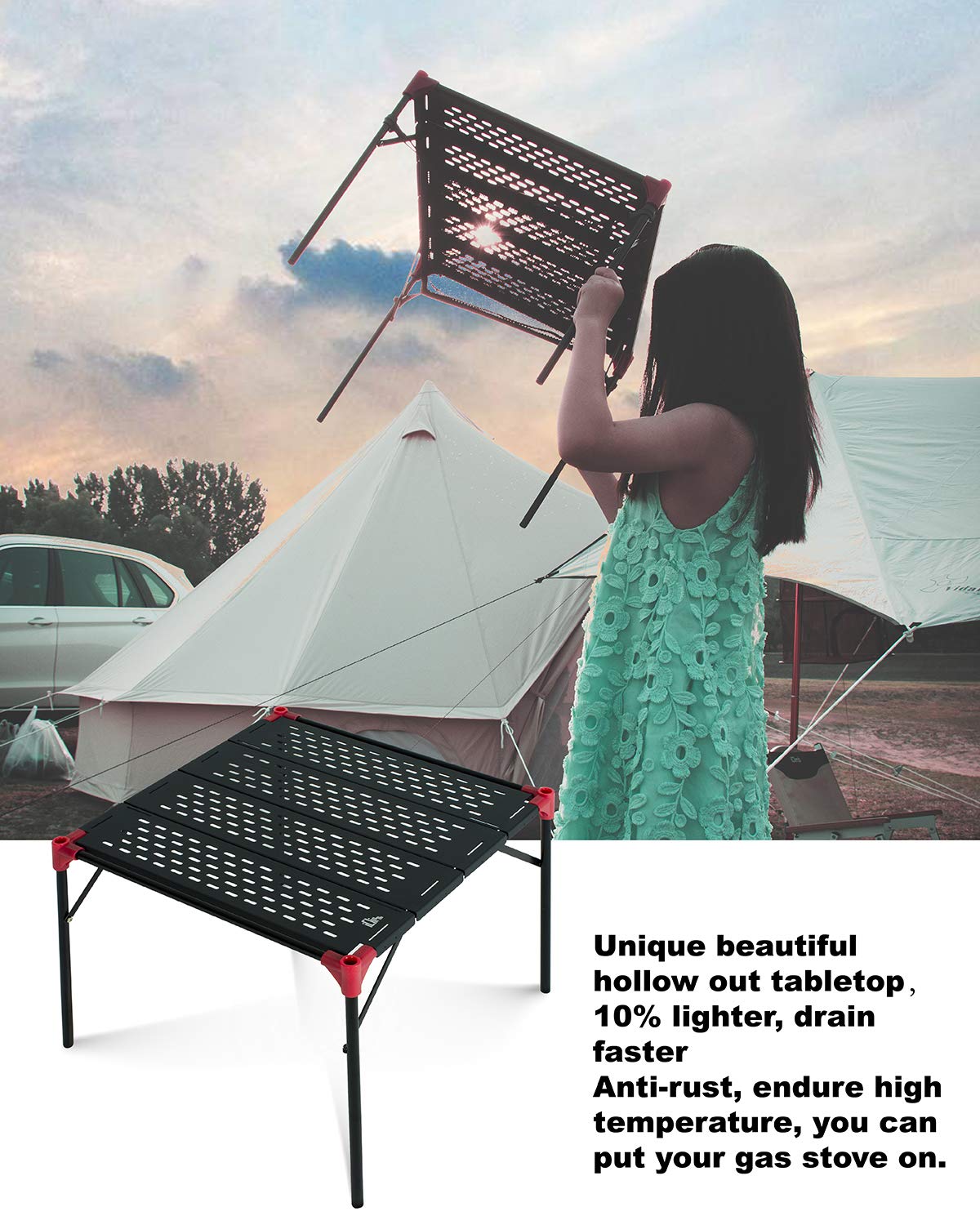 Iclimb Extendable Folding Table Large Tabletop Area Ultralight Compact With Hollow Out Tabletop And Carry Bag For Camping Backpacking Beach Concert Bbq Party, Three Size (Black - Xl)