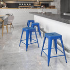 24 High Backless Blue Metal Counter Height Stool with Square Wood Seat