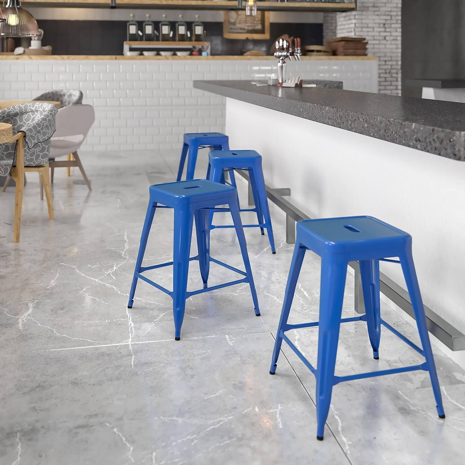 24 High Backless Blue Metal Counter Height Stool with Square Wood Seat