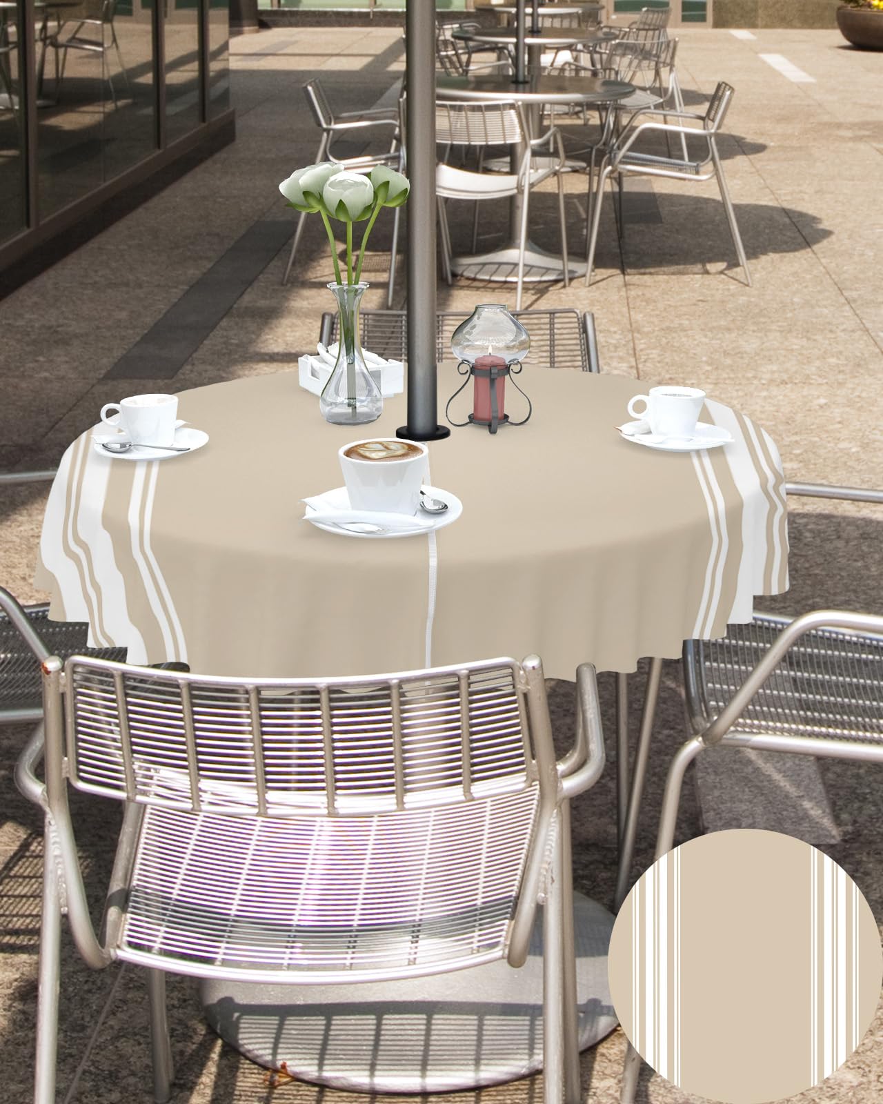 Queenker Outdoor Tablecloth With Umbrella Hole, Khaki And White Stripe Round Tables Waterproof Tabletop Collection For Patio, Ga