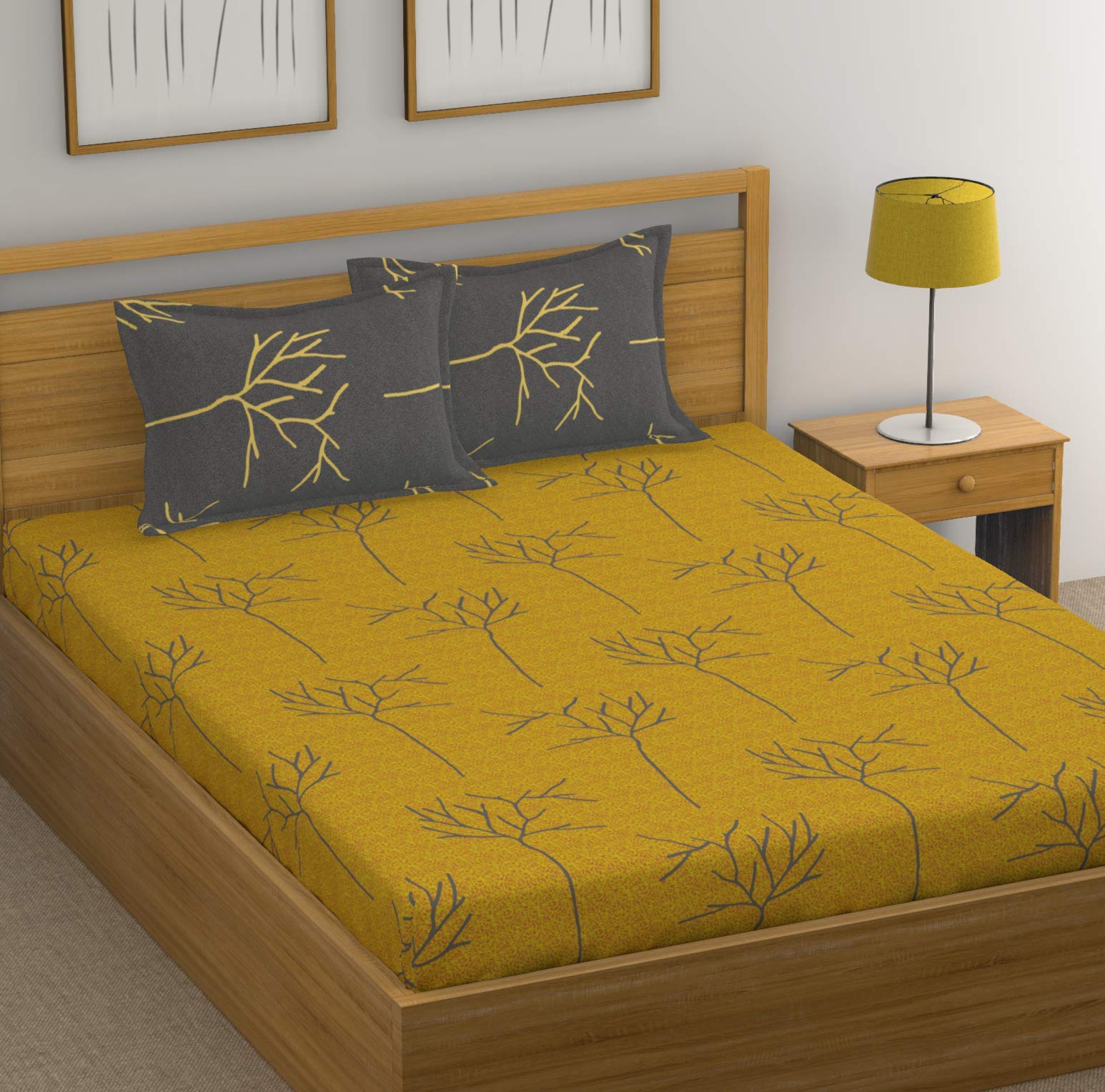 Huesland By Ahmedabad Cotton 144 Tc Cotton King Size Bedsheet With 2 Pillow Covers  Yellow And Grey(9Ft X 9Ft)