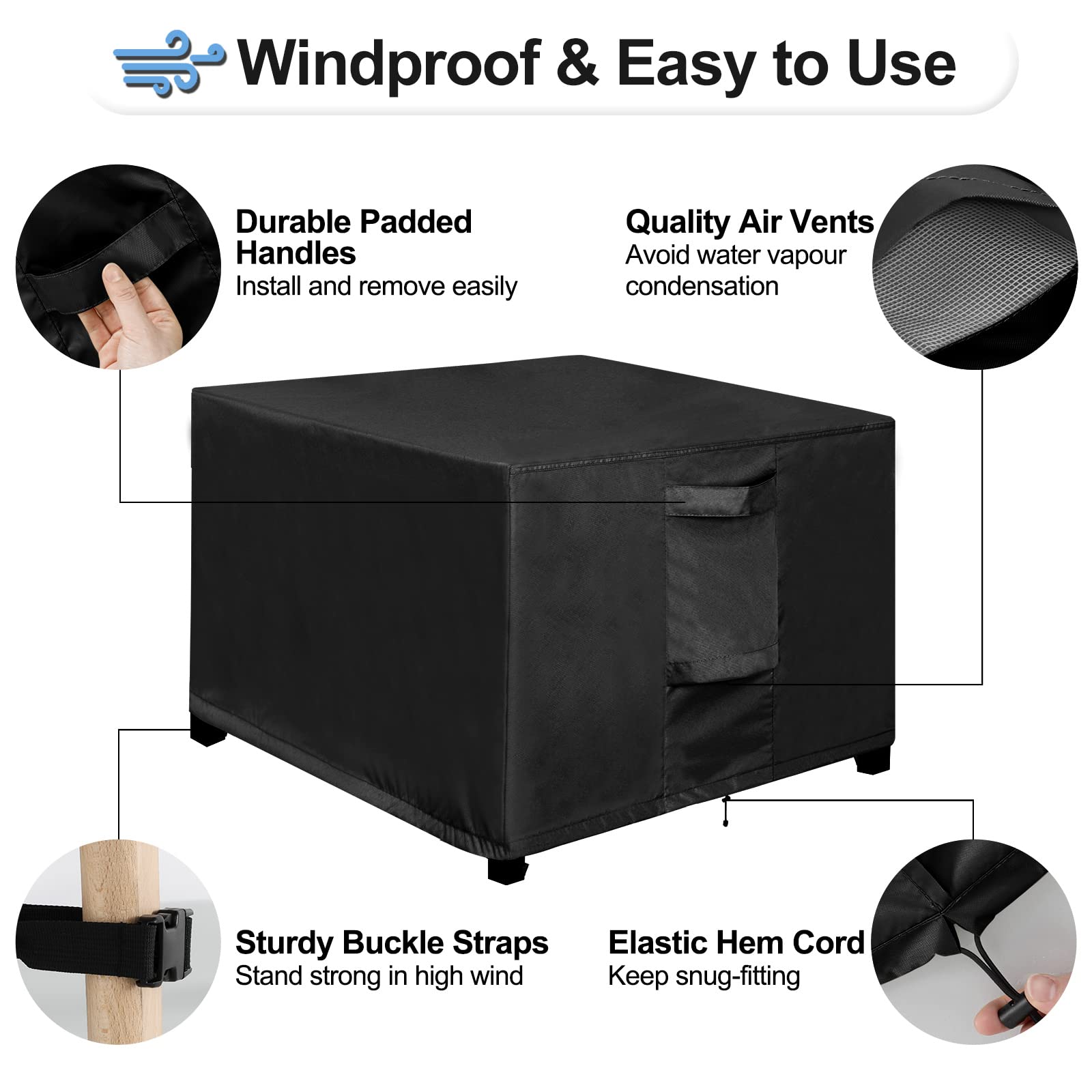 Outdoorlines Outdoor Waterproof Patio Ottoman Covers - Square Uv-Proof Patio Side Table Cover Windproof Heavy-Duty Furniture Covering Protector 28L X 28W X 17H Inch, Black