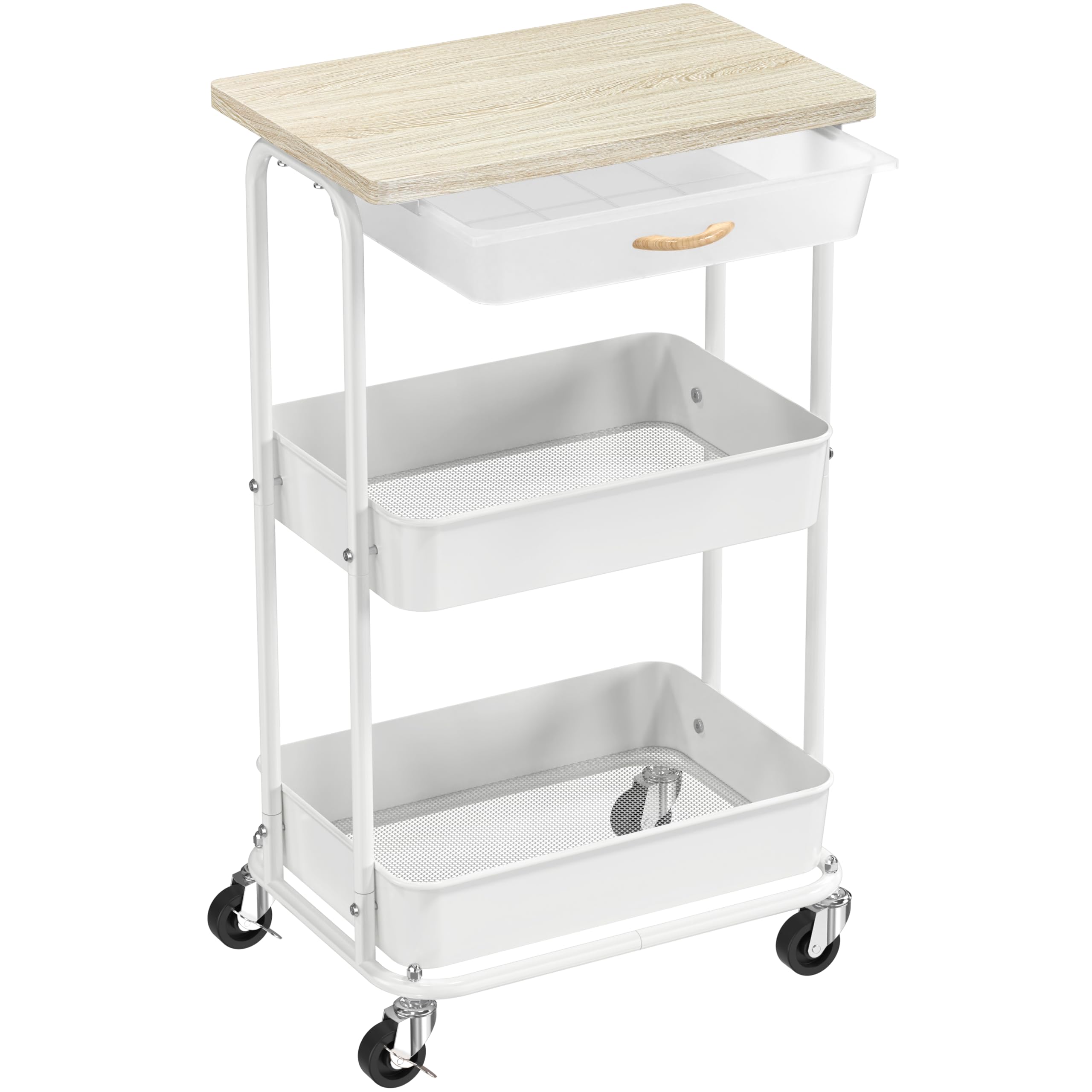 Simple Houseware 3-Tier Rolling Utility Cart with Drawer & Wood Tabletop - Mobile Sofa Side Table, Nightstand, Slim Storage Orga