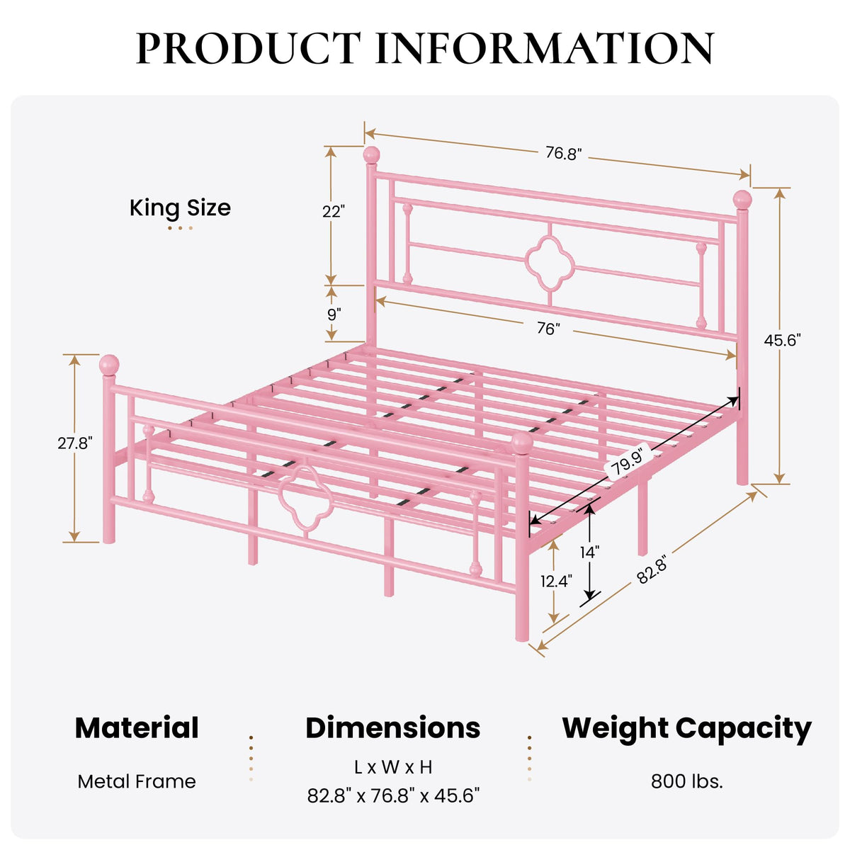 Sha Cerlin 14 Inches King Size Metal Platform Bed Frame/Vintage Iron-Art Headboard And Footboard/Mattress Foundation For Storage/No Box Spring Needed/Noise-Free/Easy Assembly/Pink