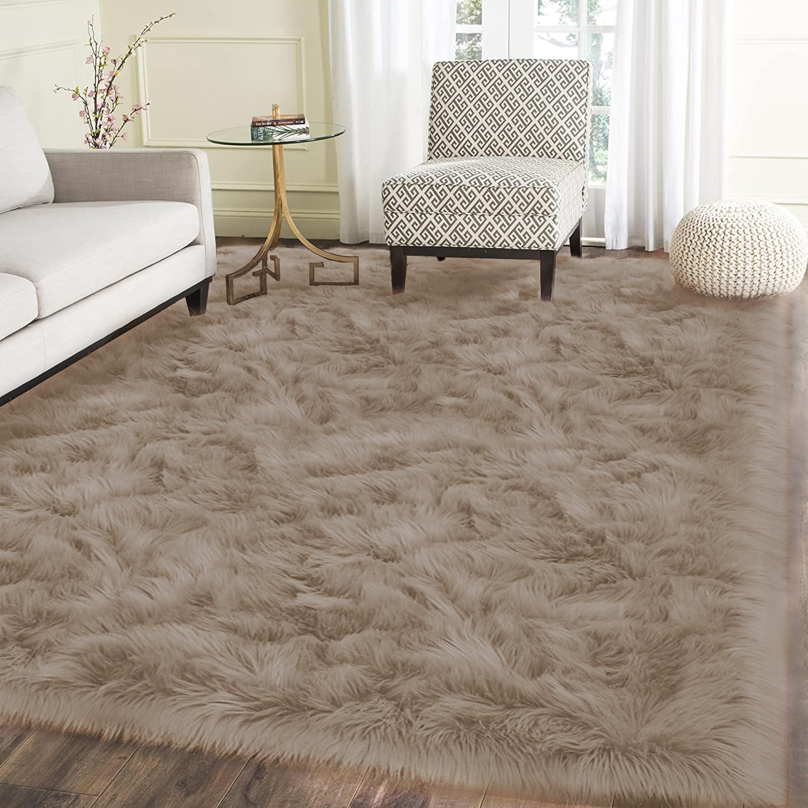 Latepis Light Brown Beige Living Room Rugs Faux Sheepskin Fur Rug 5x7 Area Rugs for Bedroom Fluffy Washable Rug Large Rug Plush 
