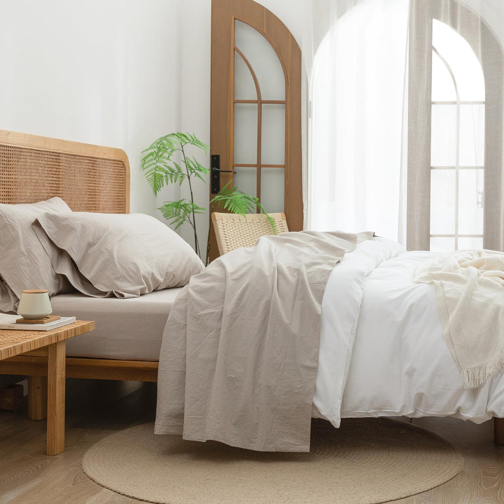 BESTOUCH Sheet Set 100% Washed Cotton Linen Feel Super Soft Comfortable Chic Lightweight 3 Pcs Home Bedding Set Solid Linen Grey