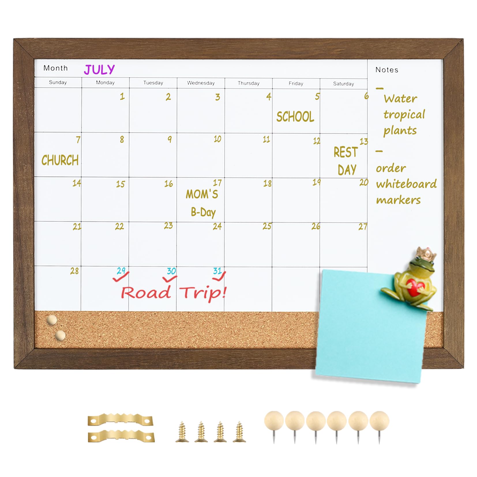 Whiteboard Calendar & Corkboard, Small Combination Dry Erase White Board & Bulletin Board, 10.5' X 14.5',Rustic Brownframed Ca
