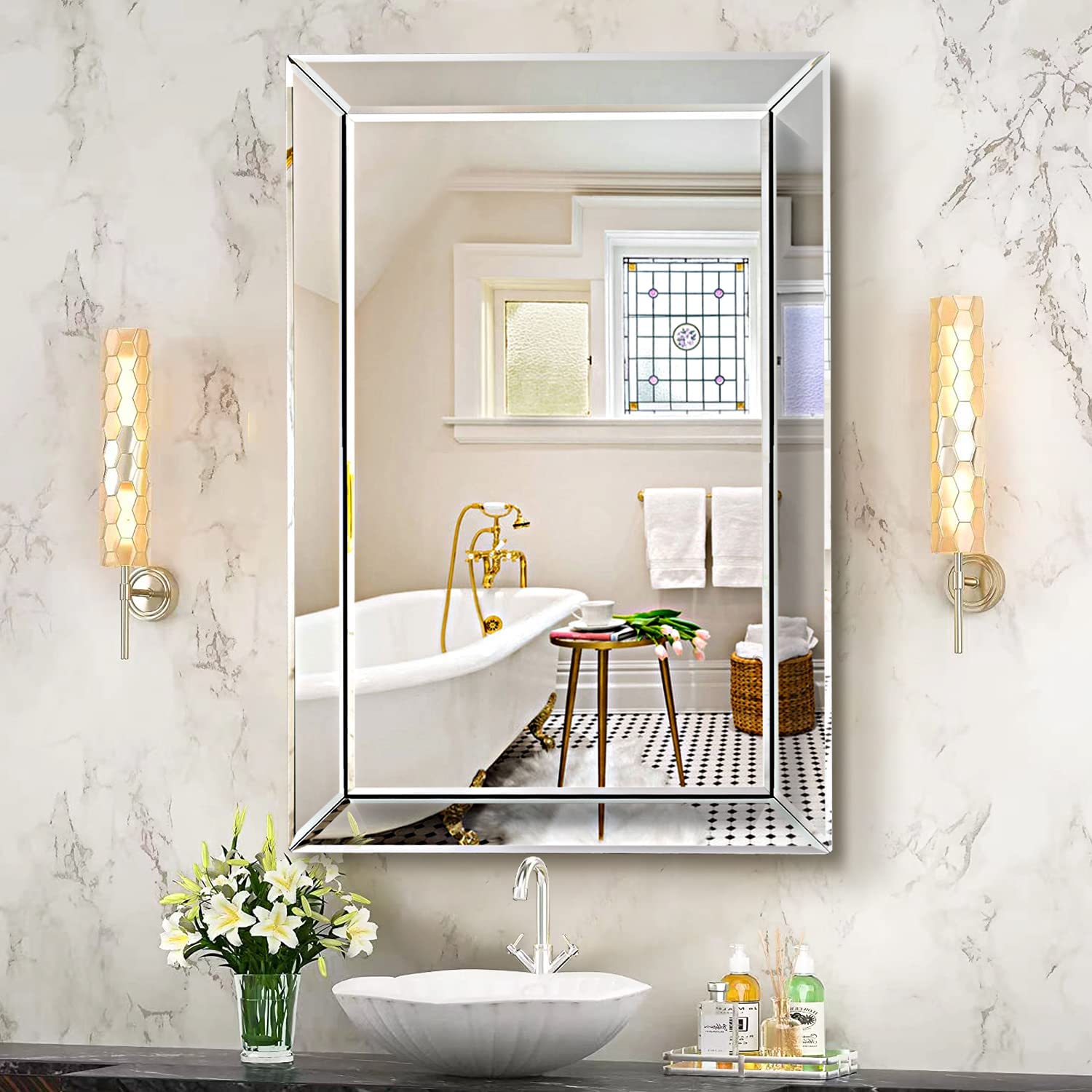 Pregaspor Mirror on Mirror Wall Mirror for Bathroom, 24 x 36 Rectangular Frameless Bathroom Vanity Mirror, Polished Beveled Mirr