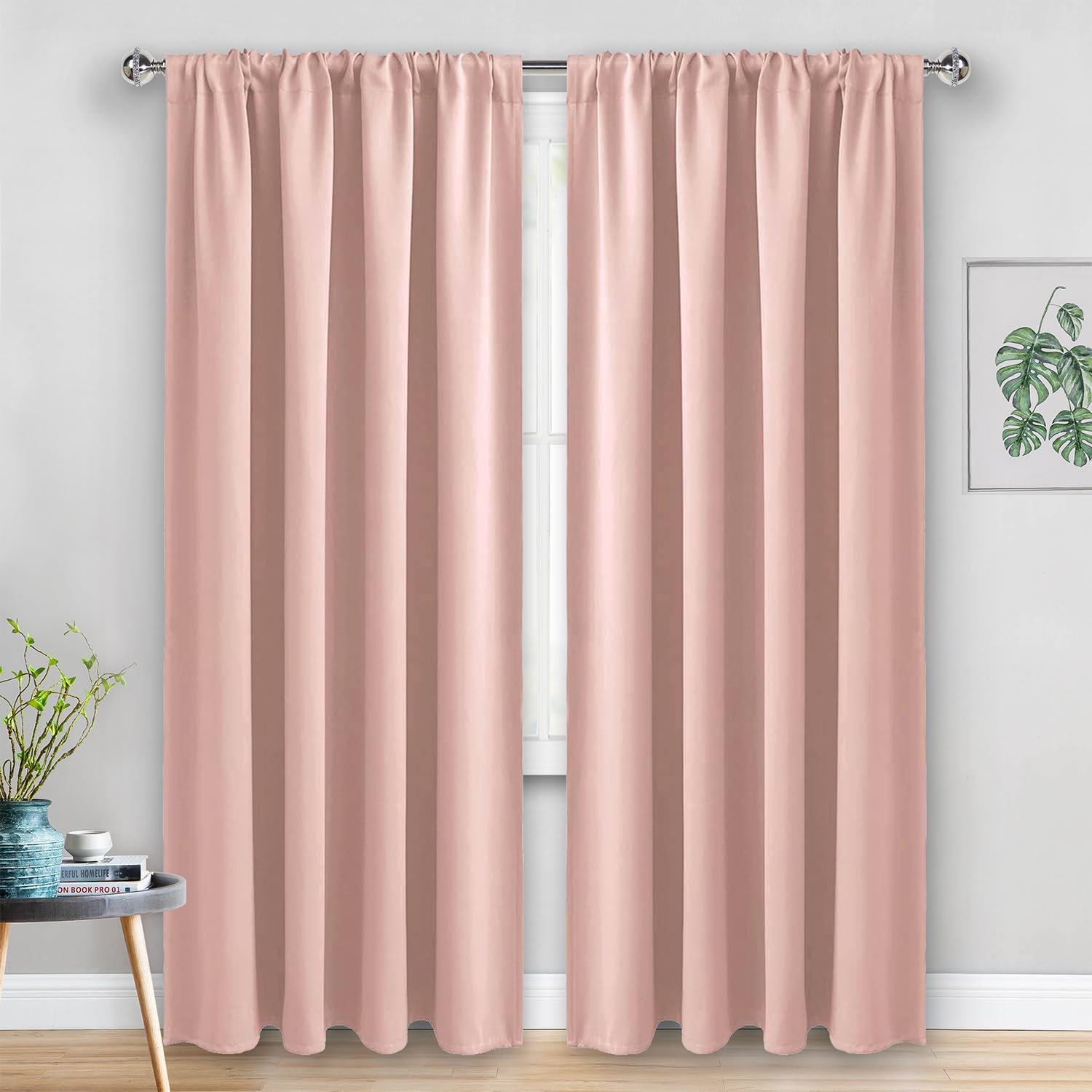 Jiuzhen Blush Pink Blackout Curtains For Bedroom - Thermal Insulated Room Darkening Rod Pocket Curtains For Living Room, Set Of 2 Panels With Tiebacks, 52 X 96 Inch Length, Blush Pink