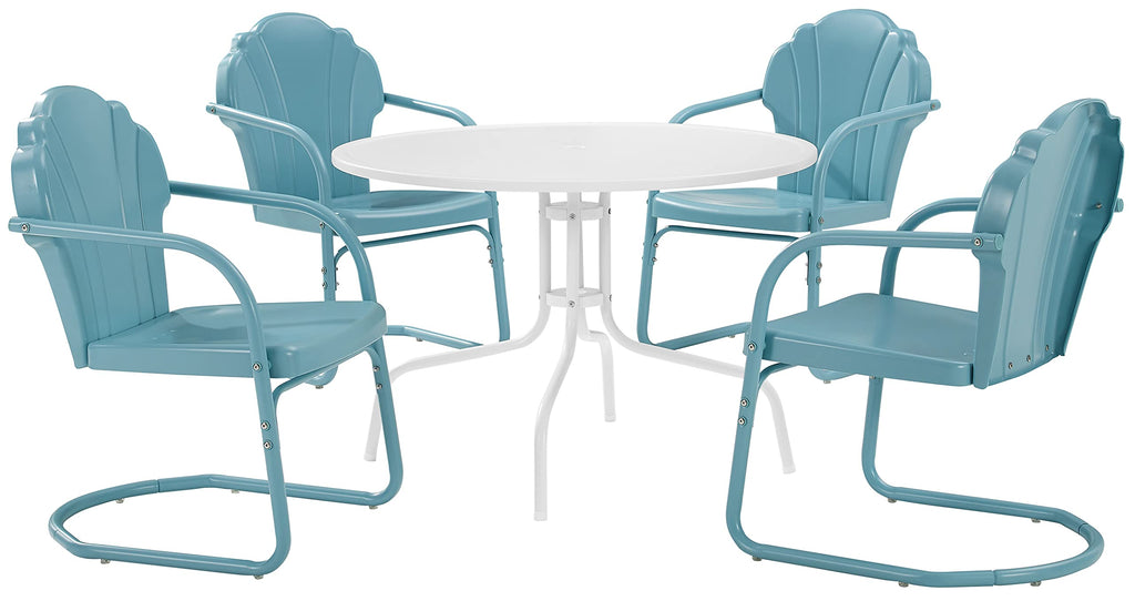 Crosley Furniture Tulip 5-Piece Outdoor Dining Set For 4, Retro Metal Round Patio Table And Chairs For Deck, Pastel Blue Satin