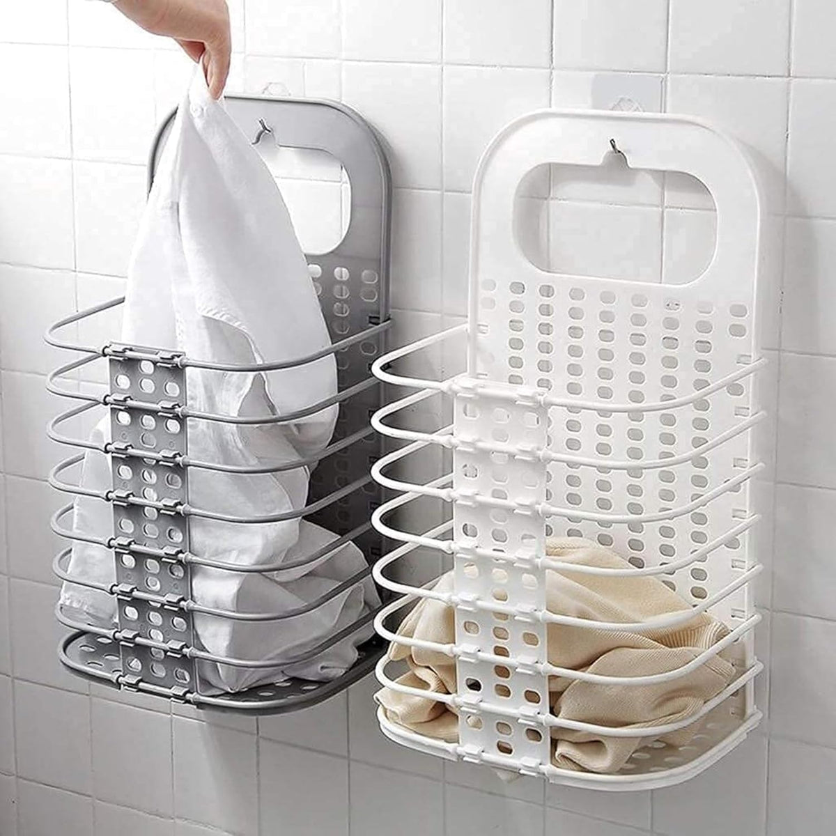 DMDMART Wall Mounted Bathroom Hanging Mesh Laundry Basket Toiletry Organization Washing Bin Home Portable Magic Sticker Plastic