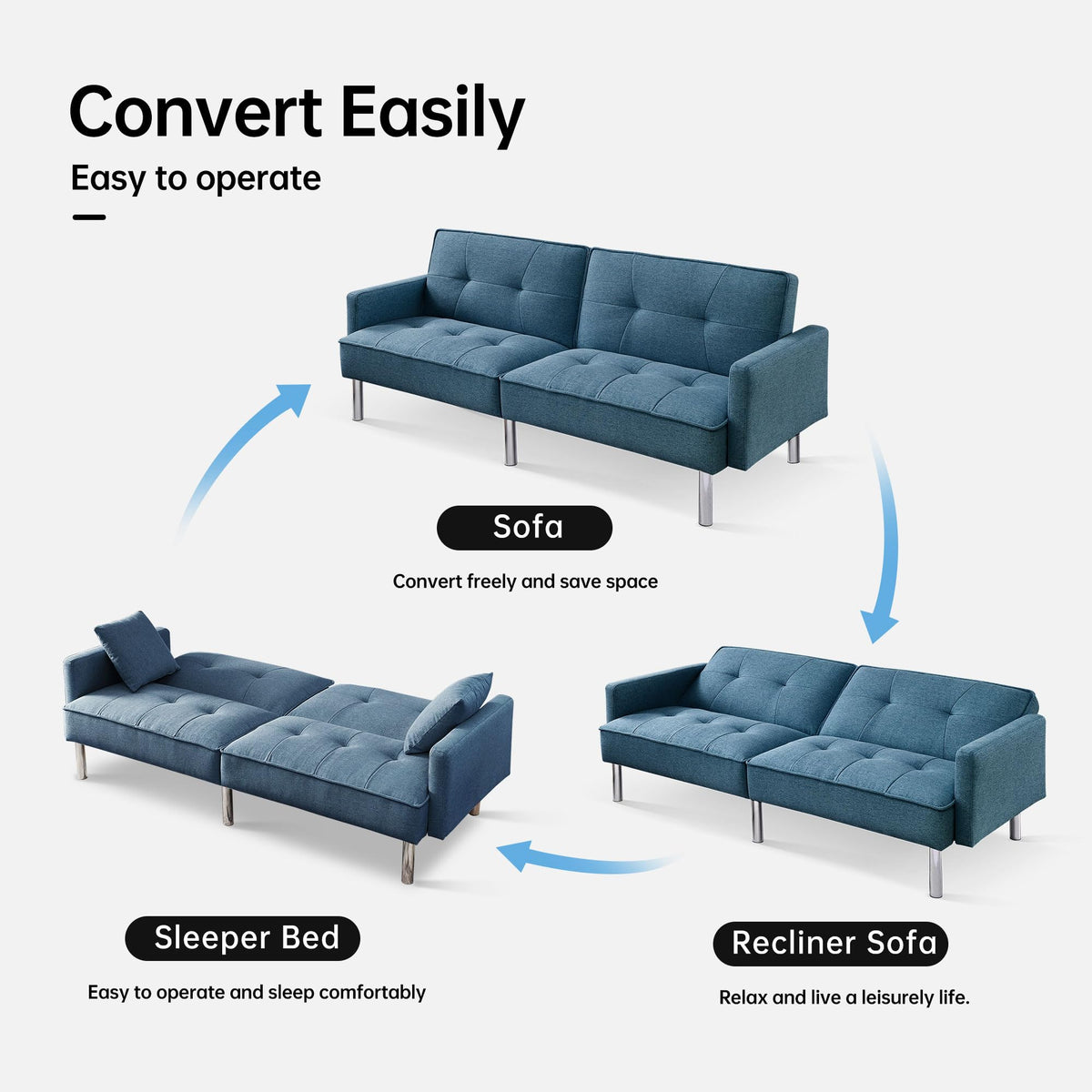 American Furniture Classics Blue Tufted Futon Convertible Sofa Sleeper with Two Throw Pillows Velvet, 85" x 35" x 35"