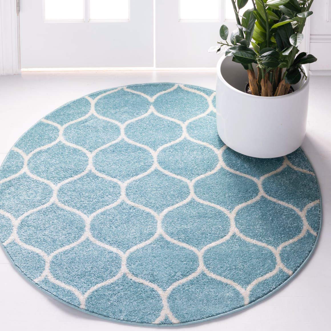 Unique Loom Trellis Frieze Collection Area Rug - Rounded (4 1 Round, Light Blue/ Ivory)
