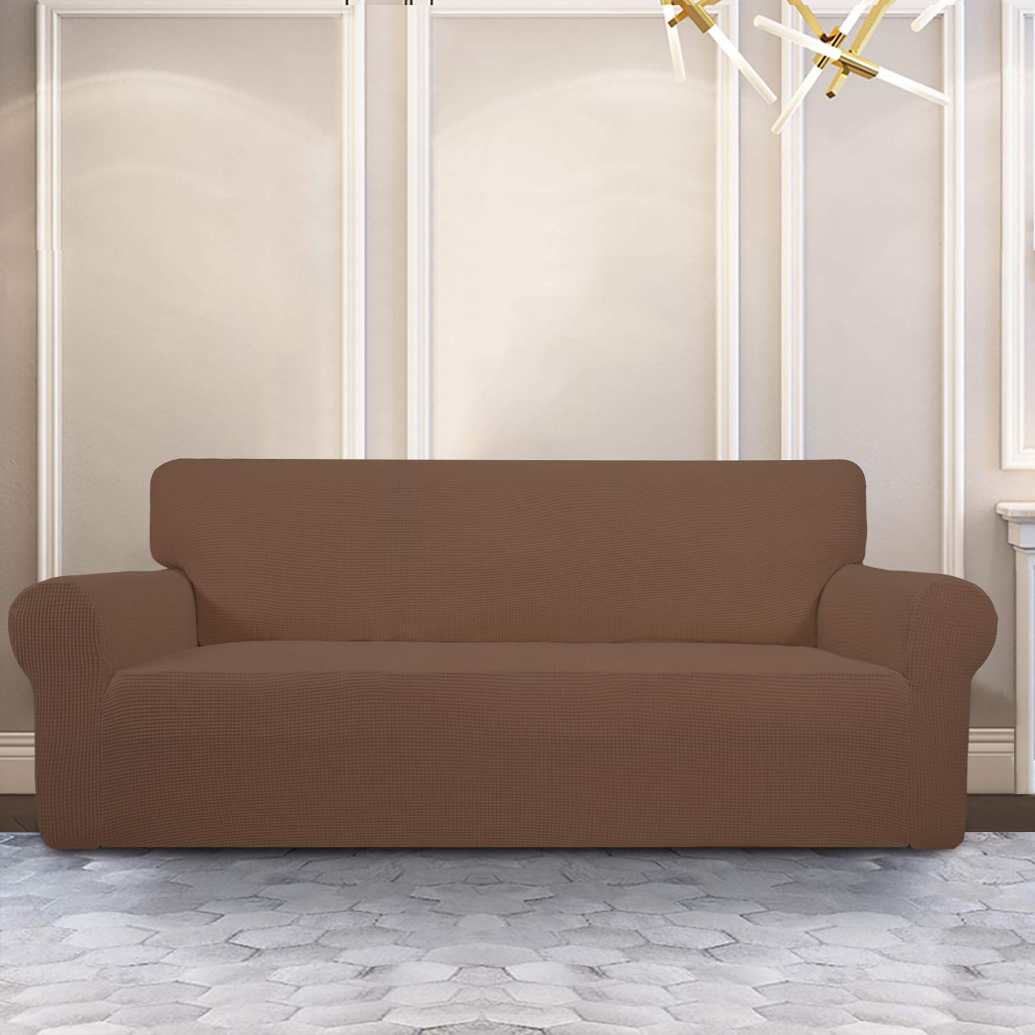Purefit Stretch Sofa Slipcover – Spandex Jacquard Non Slip Soft Couch Sofa Cover, Washable Furniture Protector With Non Skid Foam And Elastic Bottom For Kids (Sofa, Brown)