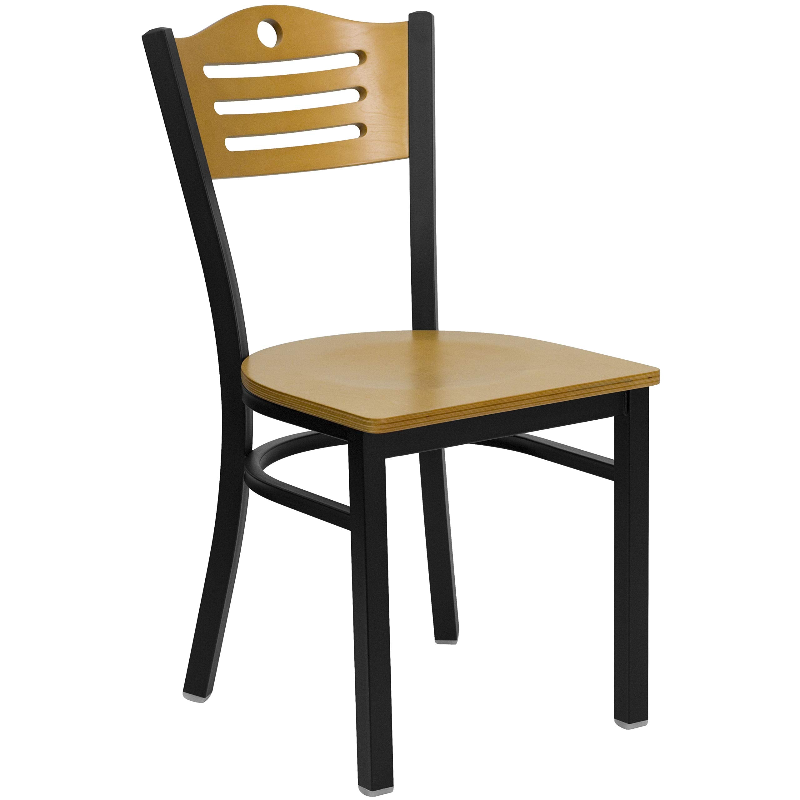 Flash Furniture 30'' Square Black Laminate Table Set with 4 Wood Slat Back Metal Chairs - Natural Wood Seat