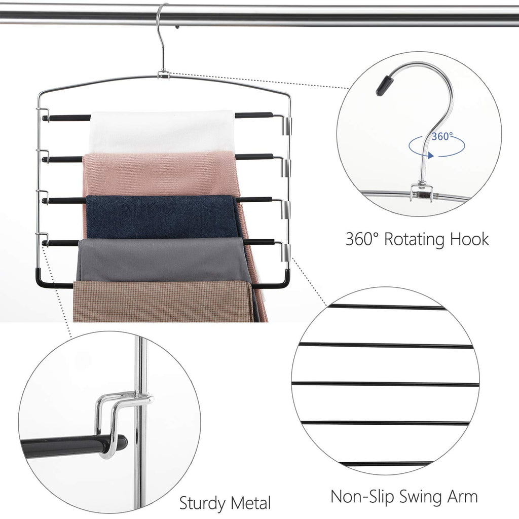 FeeraHozer Non-Slip Pants Hangers, 3-Pack Multi-Layer Swing Arm, Stainless Steel, Space Saver, Black