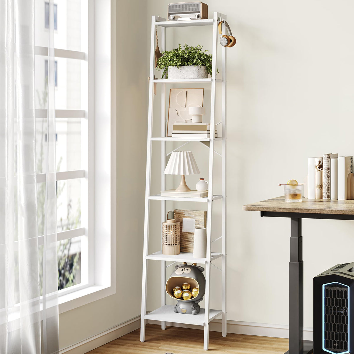 Hzuaneri Ladder Shelf, Bookshelf Bookcase, Freestanding Corner Storage Shelve With 2 Hooks For Home Office, Living Room, Kitchen, Bedroom, Industrial, 6-Tier White Bc13313W